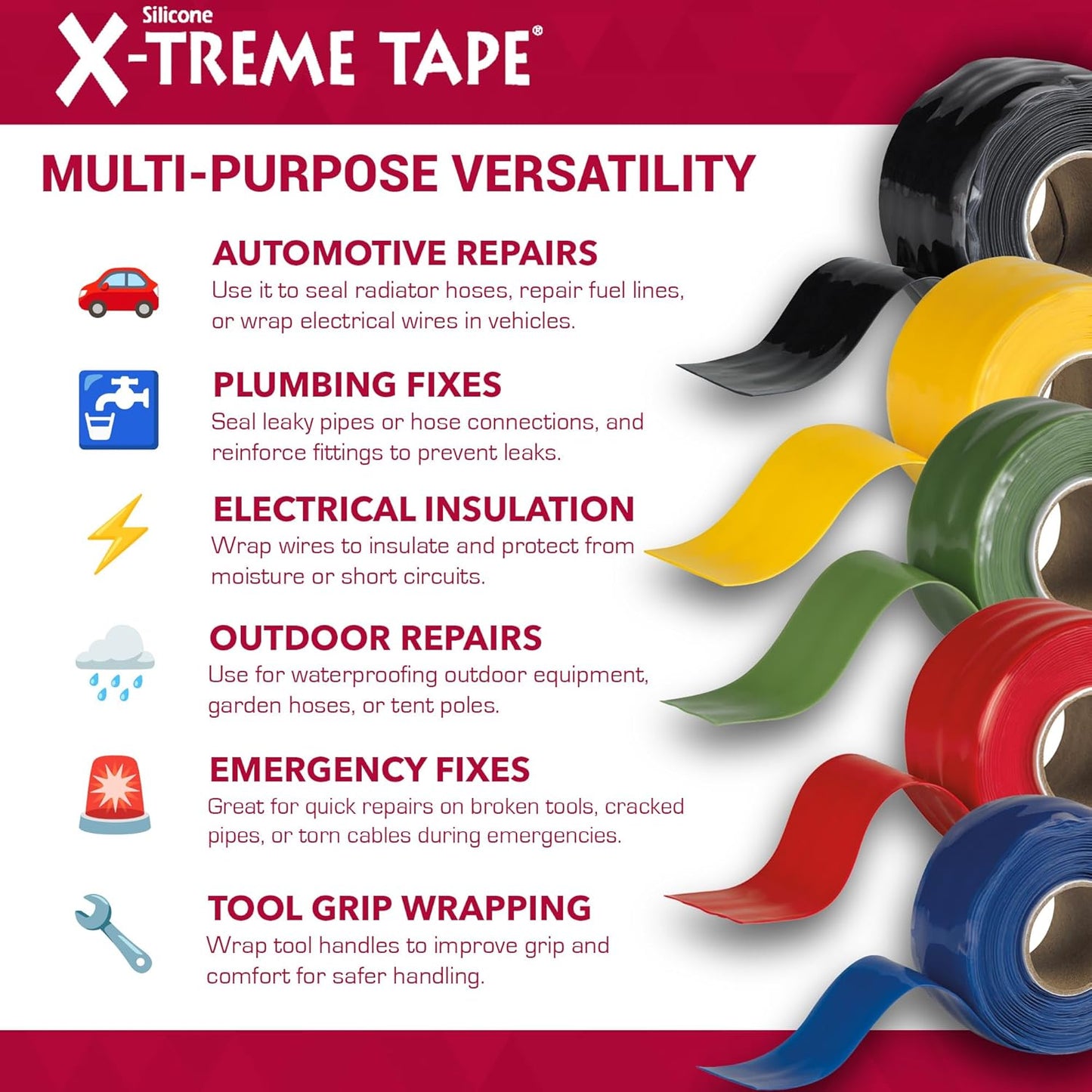 X-Treme Tape MOCAP Heavy Duty Electrical Tape, Self-Fusing Silicone Rubber, Waterproof & Insulating Flexible Tape, Electrical for Hose, Automotive, Outdoor & Repairs - 1" x 10ft Roll - Black