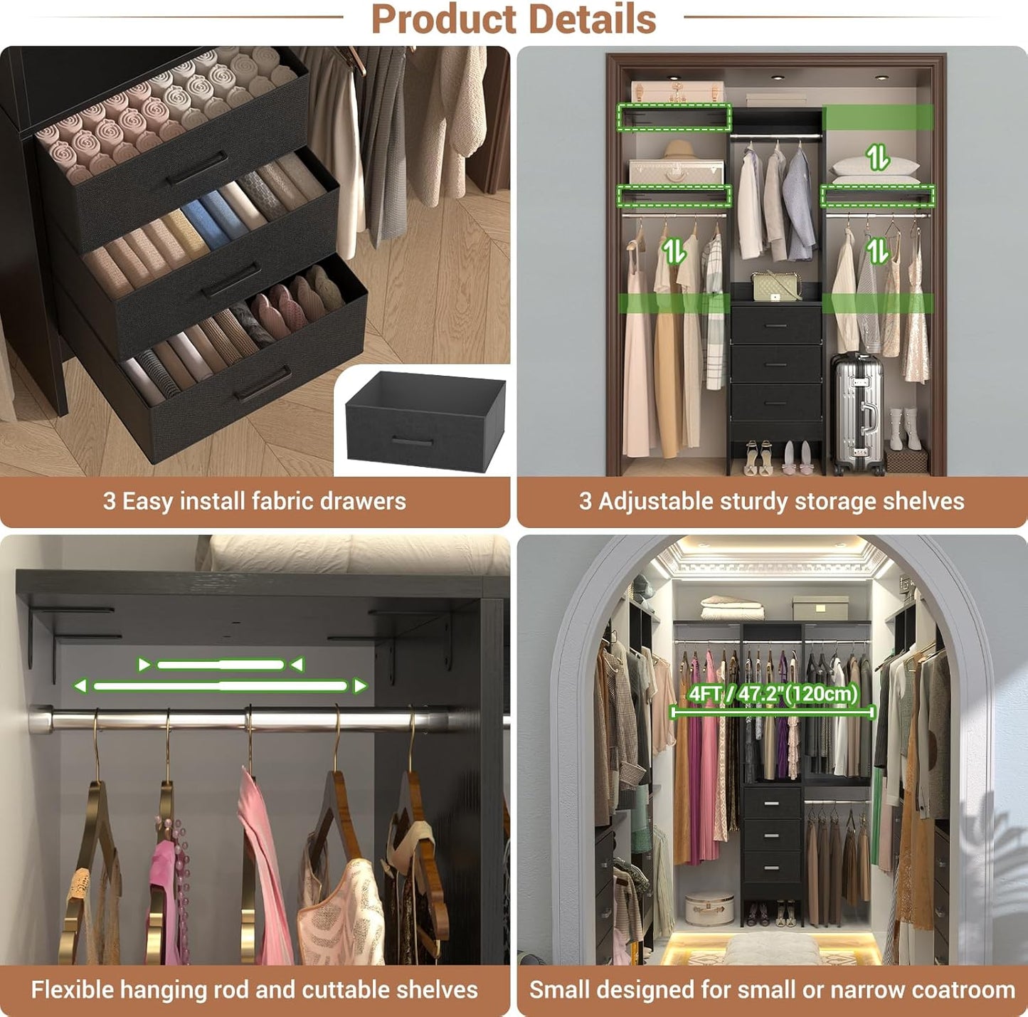 4FT Small Closet System with 3 Fabric Drawers, 48'' Closet Organizer System With 3 Adjustable Shelves, Flexible Built-In Clothes Garment Rack for Small Space, 48" L x 13" W x 71" H, Black
