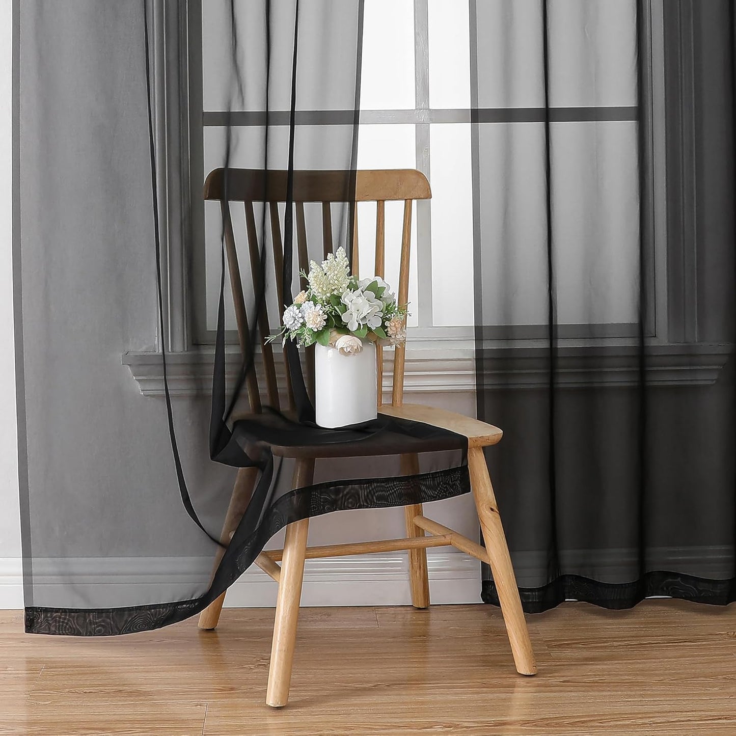 Chyhomenyc Black Sheer Curtain 72 Inches Length 2 Panels, Voile Top Dual Rod Pockets Light Filtering Airy Window Treatment Drapes for Living Room/Bedroom, Each 42Wx72L