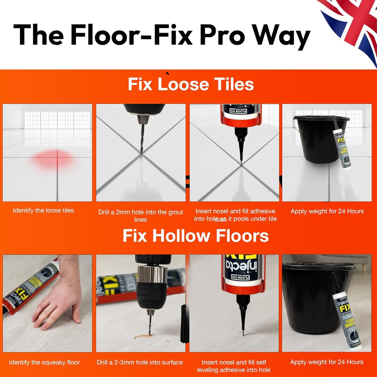 Precision 300ml from Floor-Fix Pro - Fix Loose Tiles - for Loose & Hollow Tiles, Wood, LVT & Laminate - Includes 1.9mm Syringe Tip - Adjustable to 6mm + Anti-Clog Performance (Pack of 4)