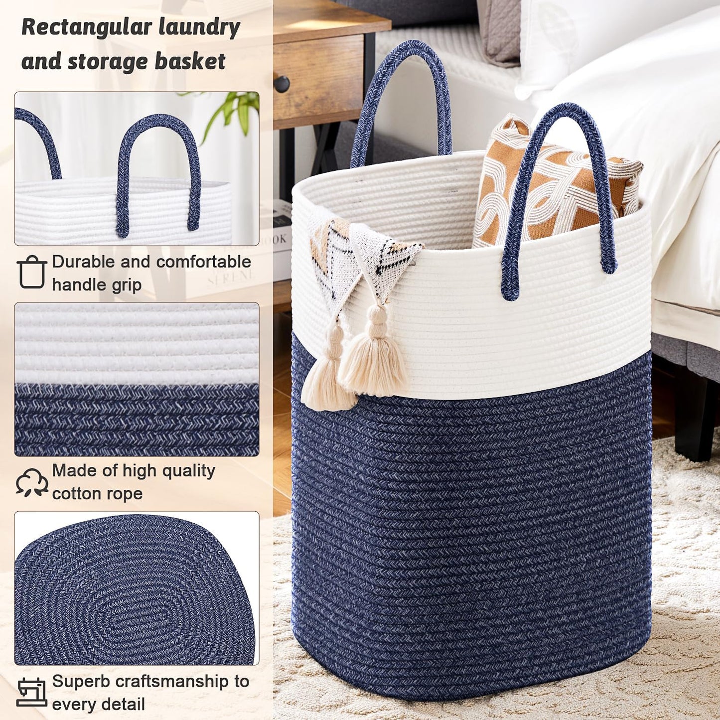 Laundry Basket,Woven Cotton Rope Laundry Hamper,Versatile Storage for Dirty Clothes,Baby Toys,and Blankets in Bathroom, Nursery,and Living Room (Blue, 60L)