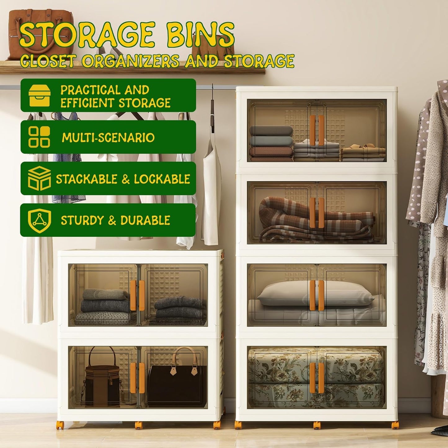 4 Tier Extra Large Stackable Storage Bins with 1 Lid 205 QT/Tier, Collapsible Plastic Box Storage Bin with Wheels, Home Containers Boxes Closet Organizers for Living Room, Office, Dorm