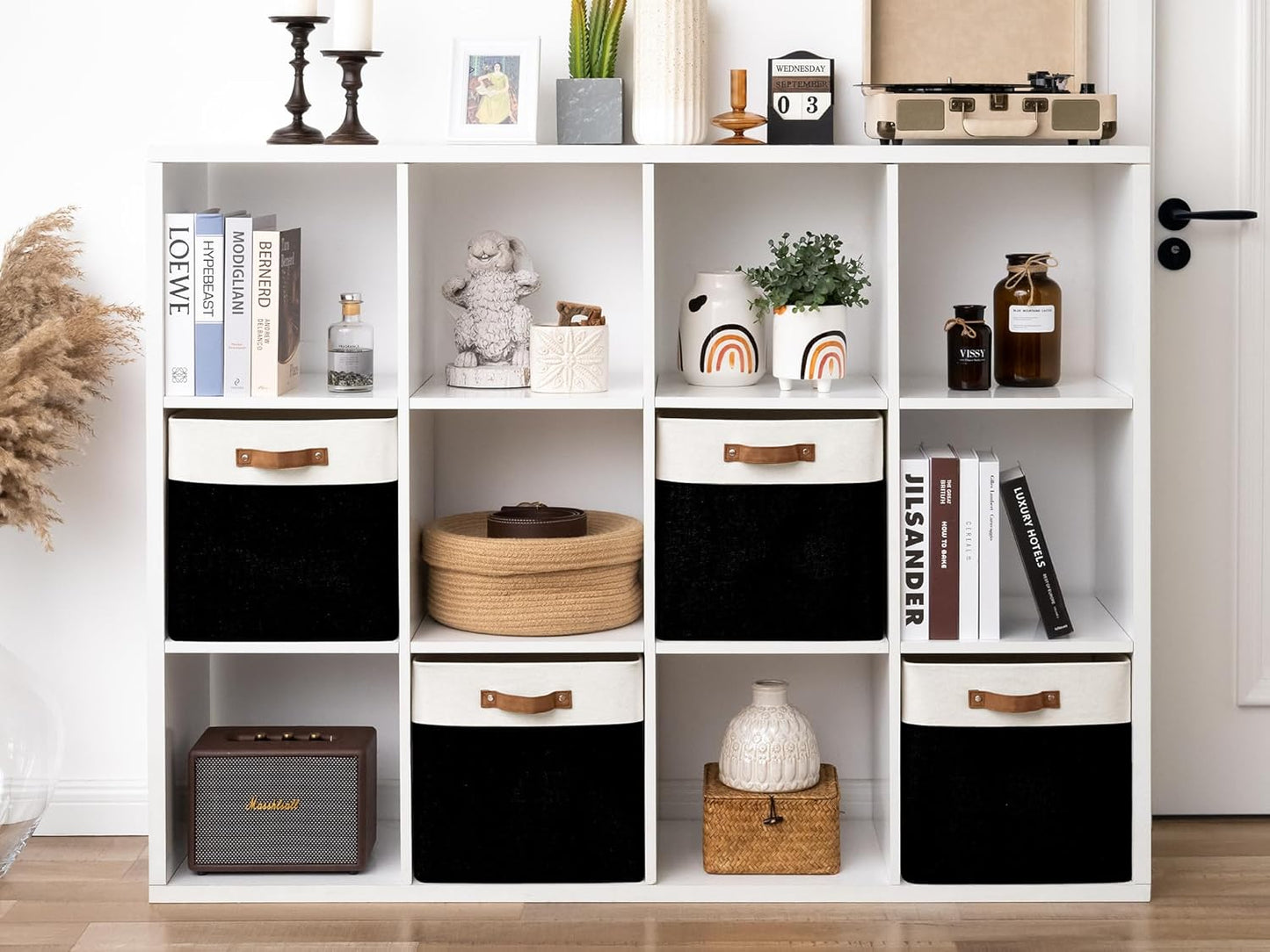 StorageWorks 13x13 Inches Storage Cube, Fabric Storage Bins with PU Handles, Collapsible Organizer Baskets for Closet, Black and White, 4-Pack