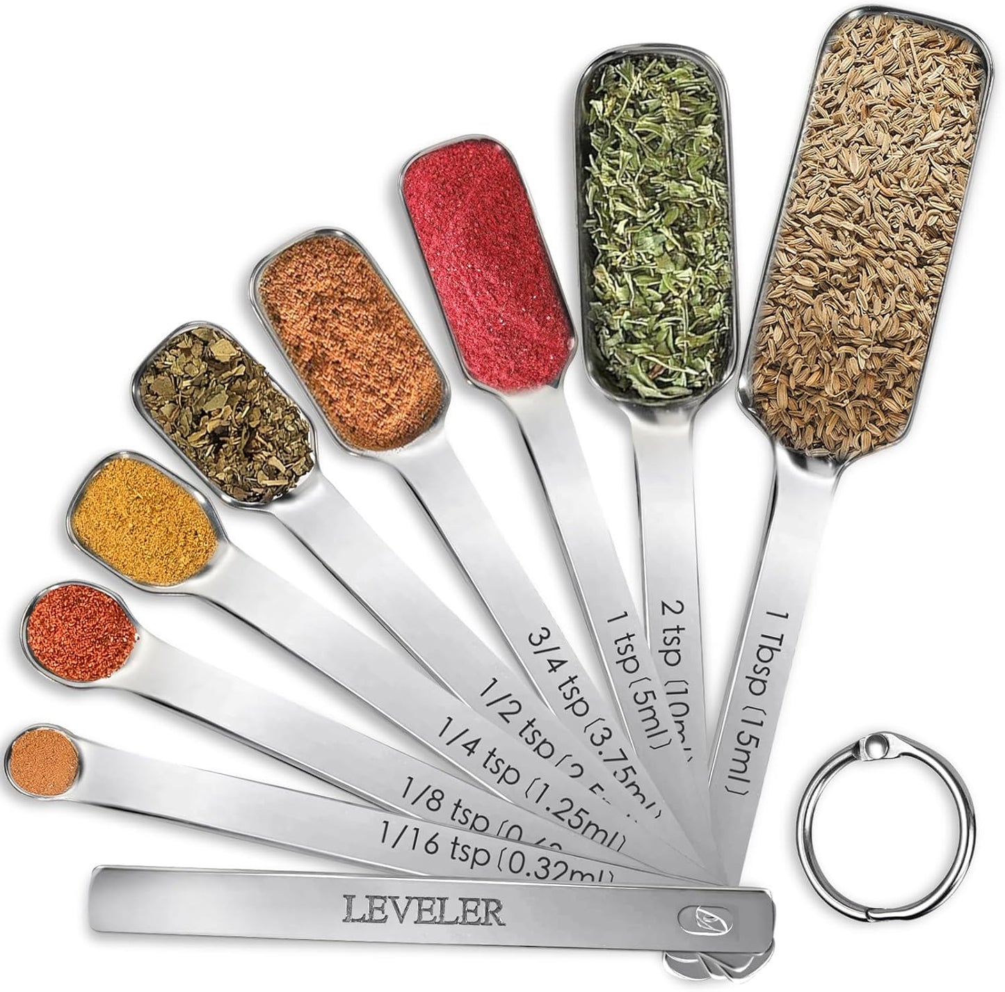 9 Pcs Measuring Spoons Set with Leveler, Metal Teaspoon & Tablespoon Measuring Spoons for Cooking & Baking, Fits in Spice Jars, Kitchen Gadgets for Dry & Liquid Ingredients