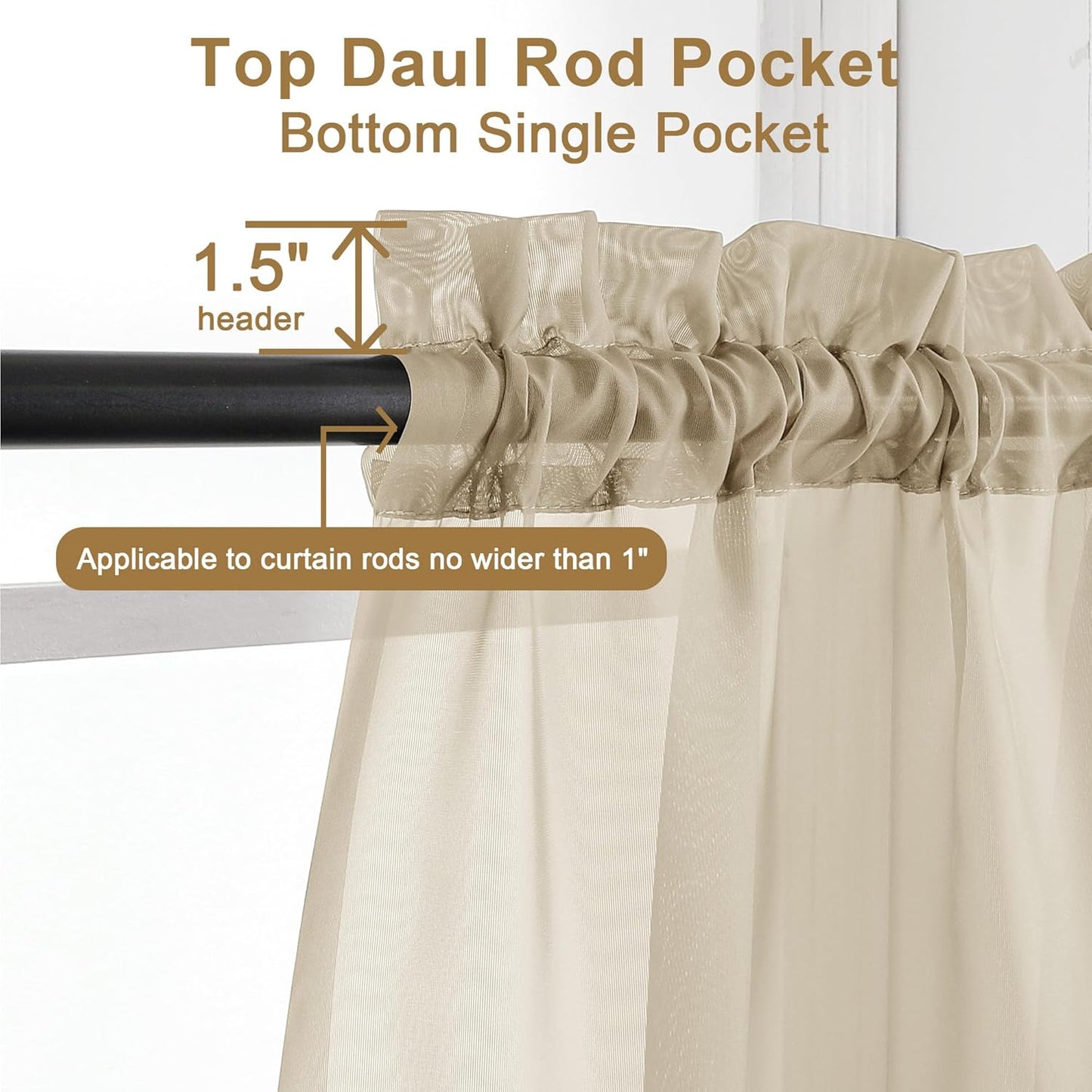 Chyhomenyc Taupe Sheer Curtains 30 inch Length 2 Panels, Light Filtering Voile Rod Pocket Short Window Curtians for Bathroom Living Room Farmhouse Small Windows, 42Wx30L inches