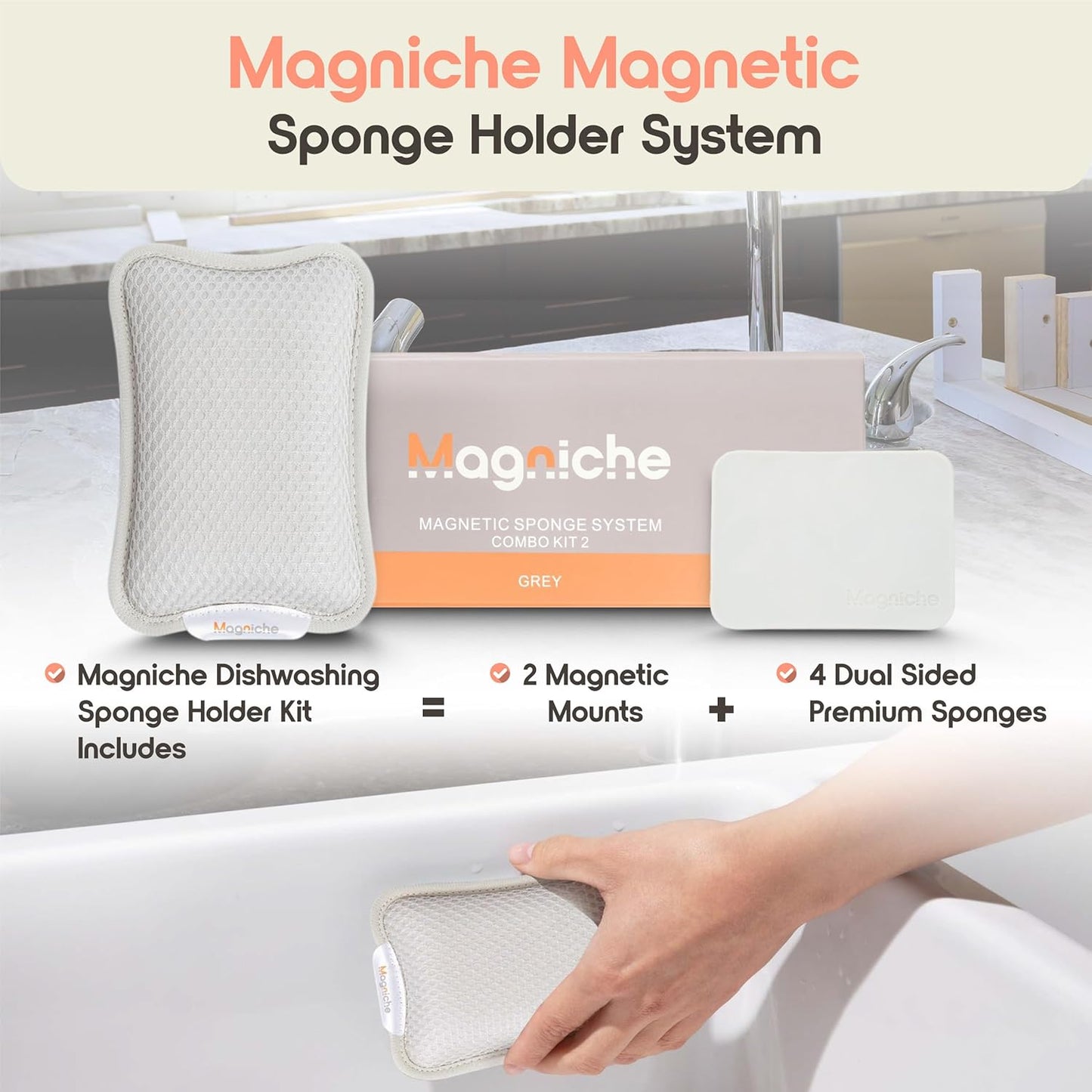 3-in-1 Dishwashing Cleaning Kit - Magnetic Sponge Holder for Kitchen Sink w/ 4-Pack Dual-Sided Dish Sponges Kitchen Set - Reusable Sponges for Dishes & Magnetic Dish Sponge System Starter Kit
