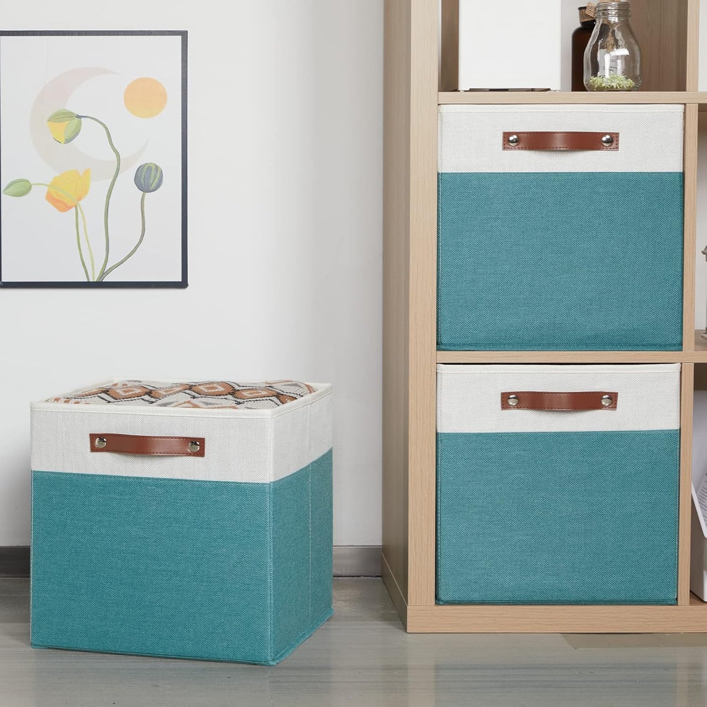 HNZIGE Fabric Storage Bins for Shelves 13x13 Storage Cubes Set Of 4 Foldable Storage Baskets with Handles for Organizing Cloth Closet Toy Nursery(Teal&White)