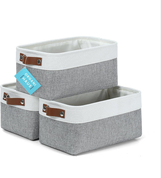 OrganiHaus Small Fabric Storage Bins for Shelves 3 Pack, 12x8in Closet Storage Bins for Shelves, Cloth Baskets for Organizing, Linen Closet Organizers, Fabric Basket, Shelf Organizer Bins Gray/White