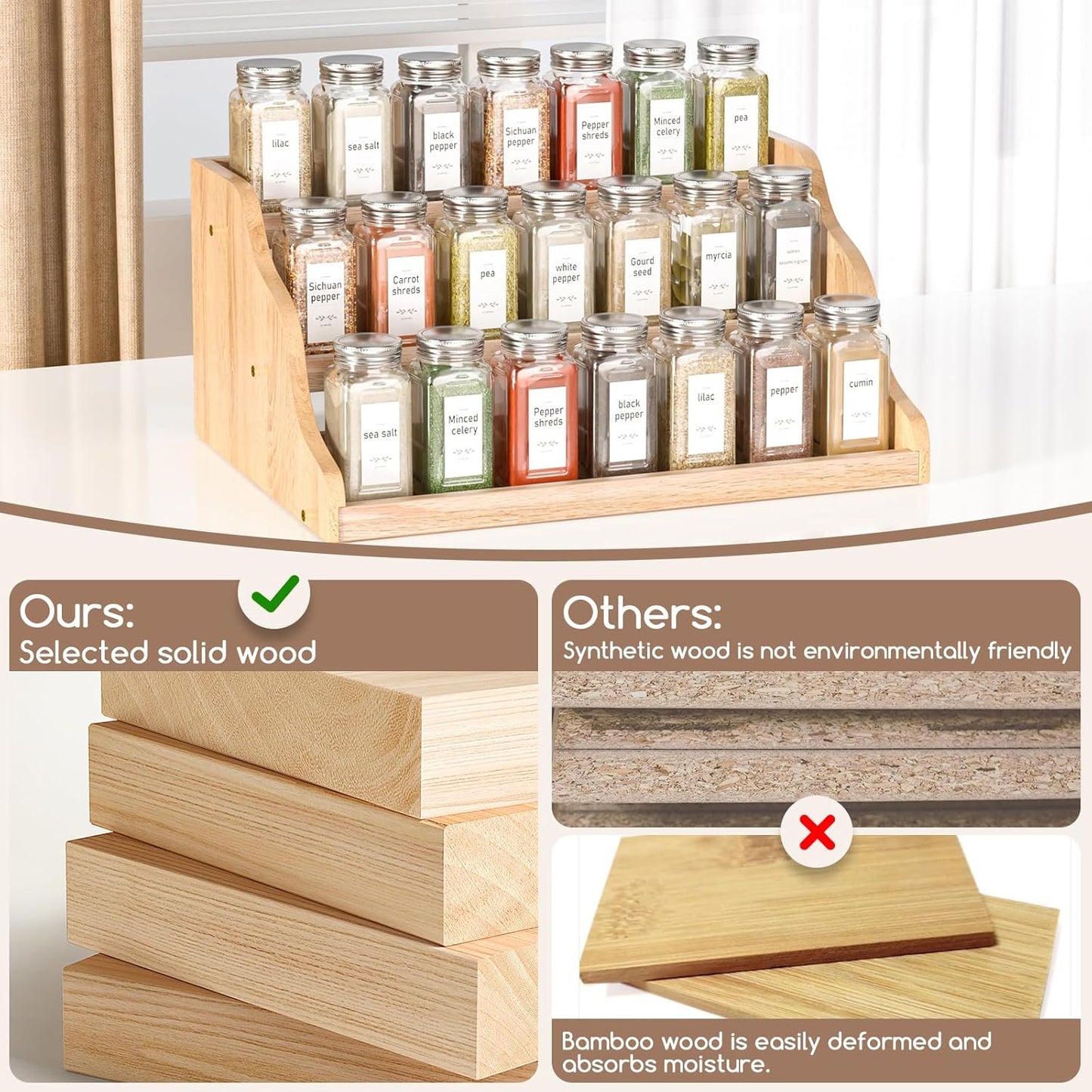 Tiered Spice Rack Organizer for Cabinet, Wooden Spice Rack for Countertop, Spice Shelf organizer Spice Organization for Cabinet