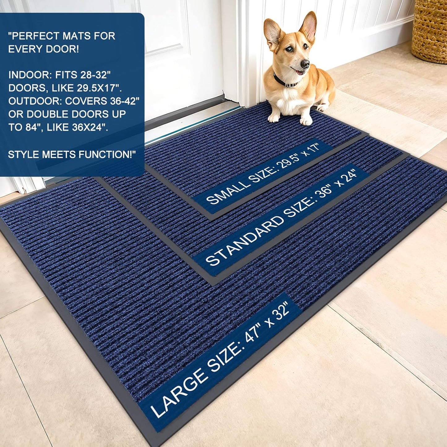 OLANLY Front Door Mat Indoor Outdoor Entrance, Waterproof Heavy Duty Doormat, Fade Resistant, Low Profile, Easy Clean Patio Porch Welcome Floor Mats for Entry, 71x23, Blue