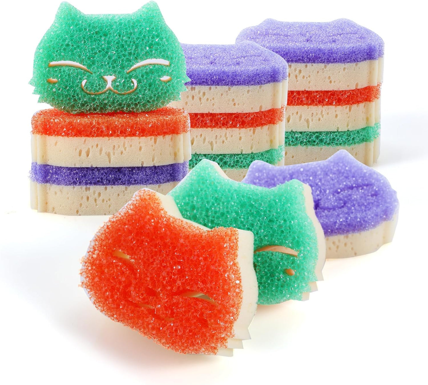 12 Pcs Scrubber Sponge Cat Smiley Shape Cleaning Sponge Double Sided Dish Sponge Multi-Purpose Sponges for Cleaning Dishes, Furniture, Kitchen, Bathroom