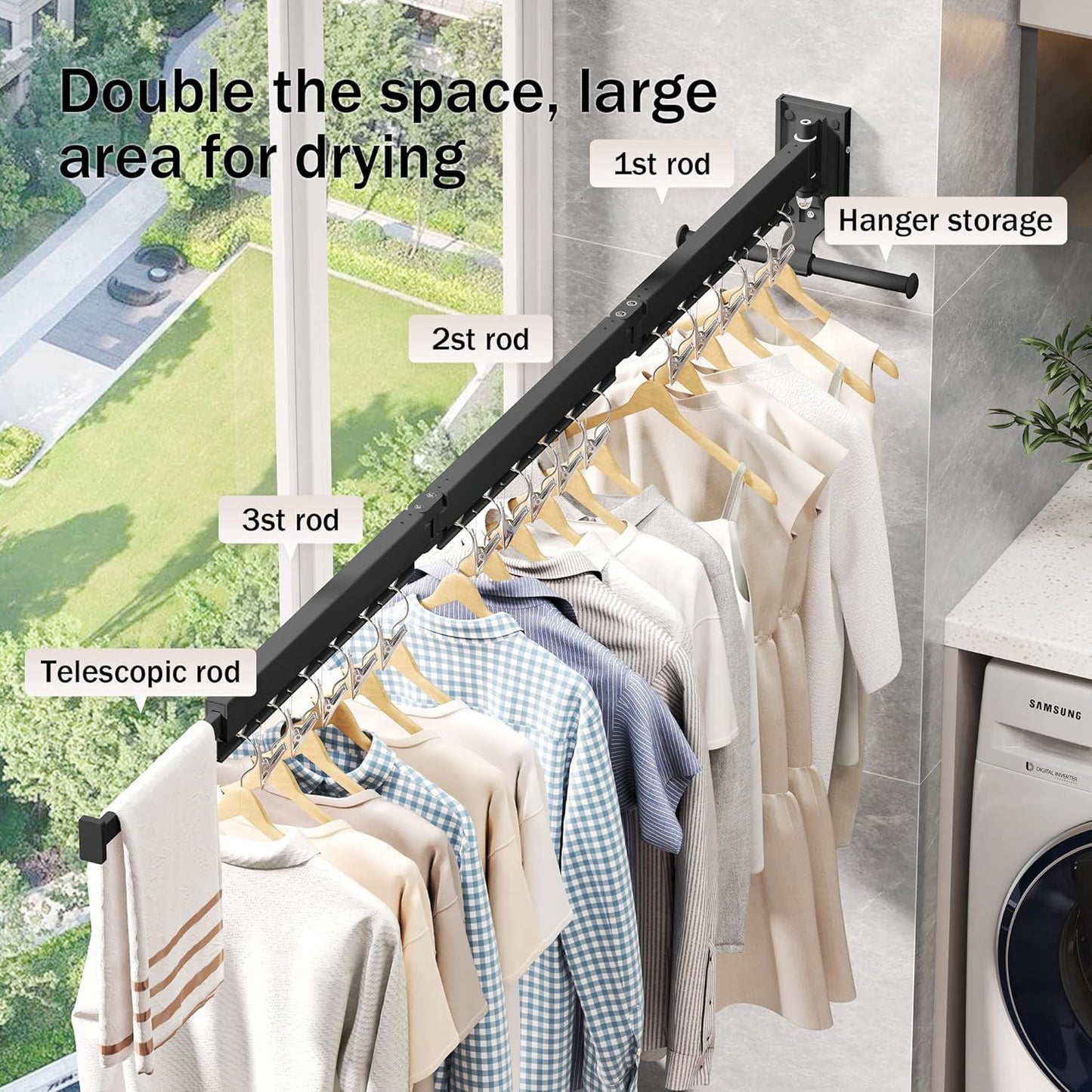 Wall Mounted Clothes Drying Rack - Retractable, Collapsible, Folding with Clips - Perfect for Laundry Room Organization