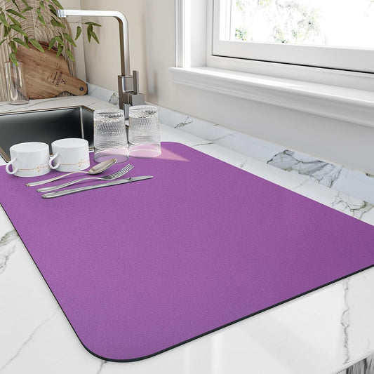 Dish Drying Mat for Kitchen Counter, Heat Resistant Drainer Mats with Non-slip Rubber Backed, Hide Stain Kitchen Super Absorbent Draining Mat, Easy to Clean Dish Rack Pad, Purple 16"x20"