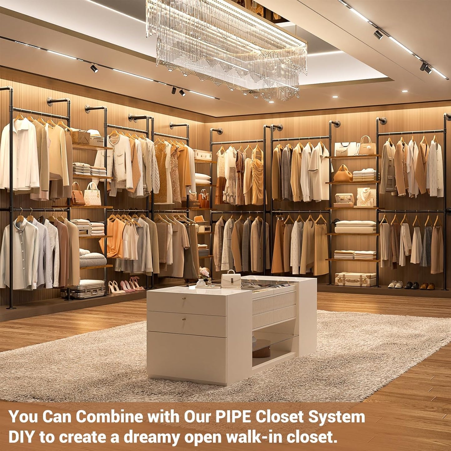 Aheaplus Industrial Pipe Clothing Rack, Reversible 6.42FT Clothes Rack for Hanging Clothes, Heavy Duty 5-Tier Closet Wardrobe Garment Racks with Shelves, Corner Closet Organizer System, Rustic Brown