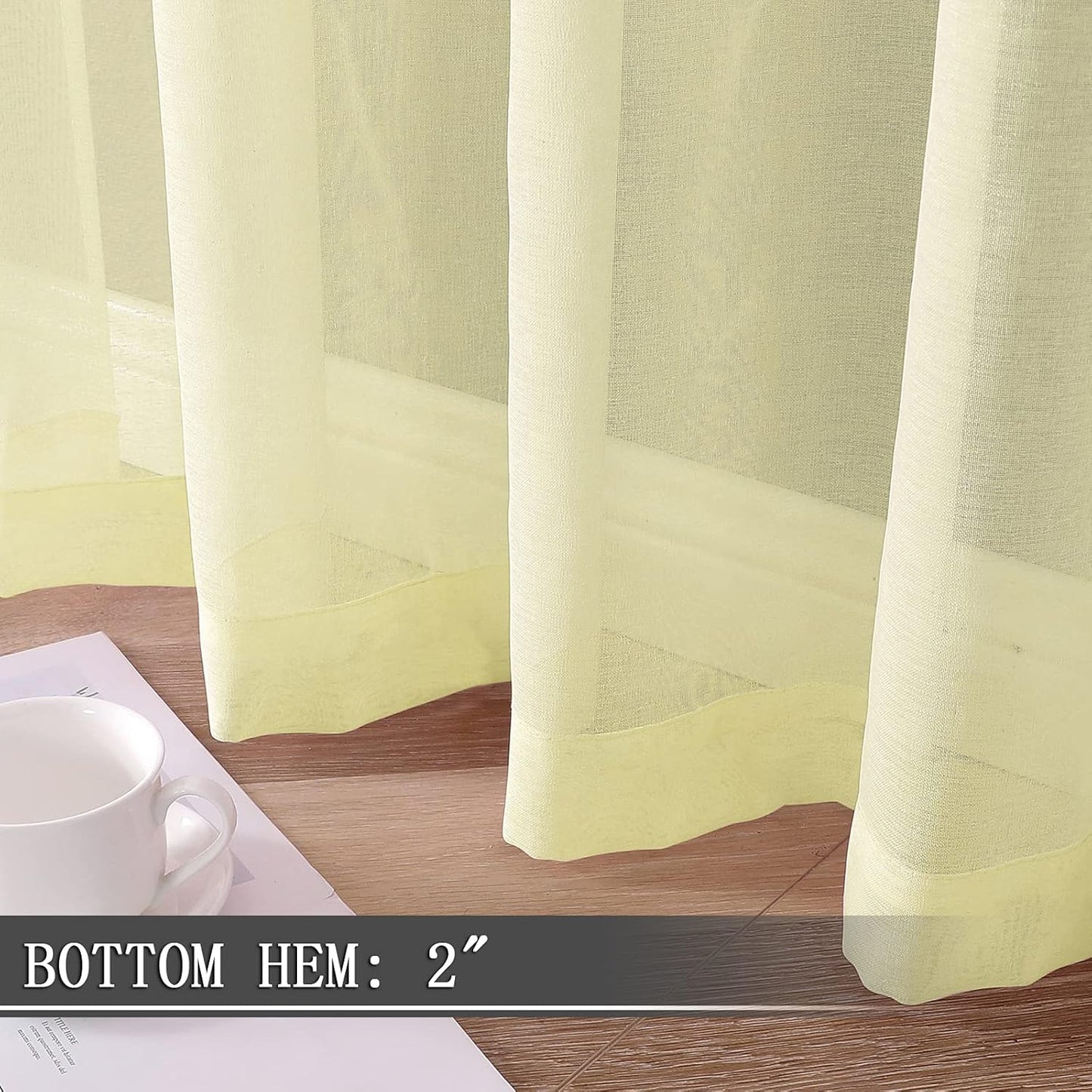 Tollpiz Sheer Curtains Living Room Linen Textured Curtain Sheers Light Filtering Voile Rod Pocket Curtains for Bedroom, 38 x 63 inches Long, Transparent Yellow, Set of 2 Panels