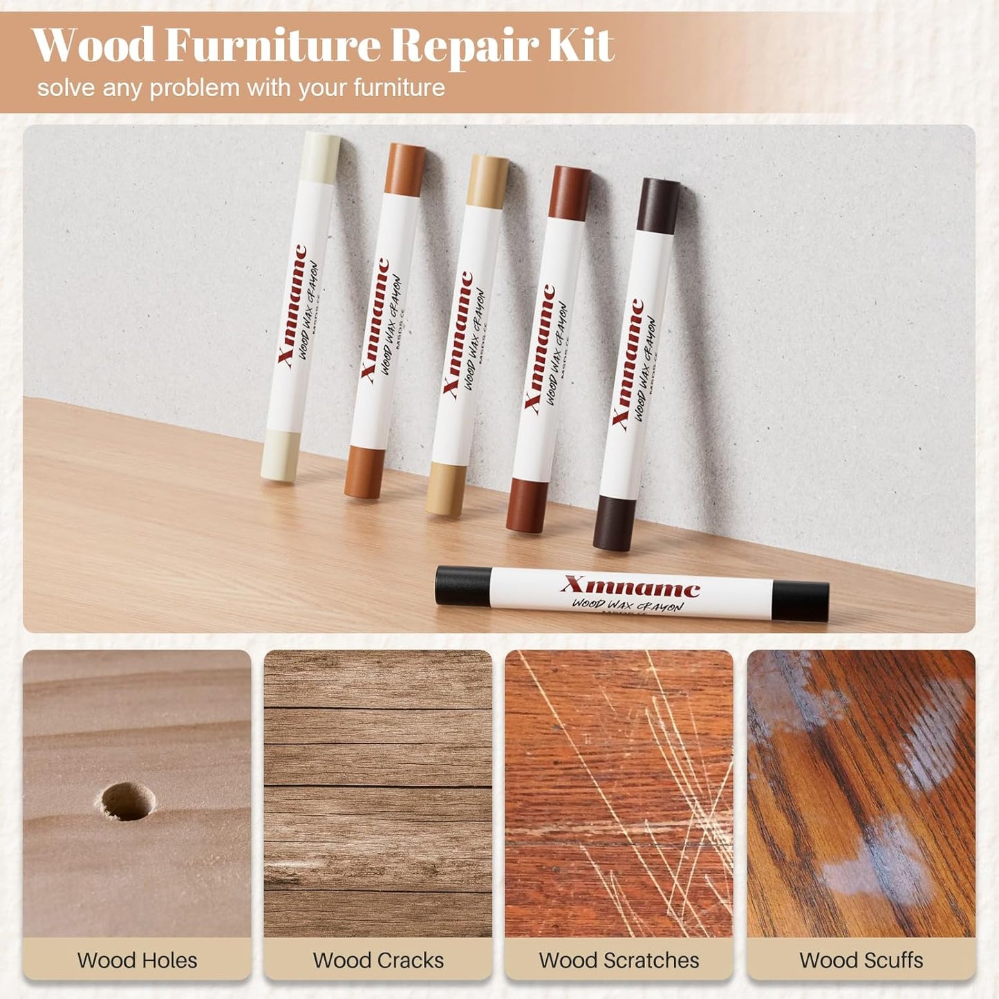 Wood Filler Sticks, 12 Colors Wood Wax Crayons Furniture Markers Touch Up for Repair Any Furniture Scratch, Scuffs, Cracks and Nail Holes on Wood Furniture, Floors, Doors, Cabinets, Tables