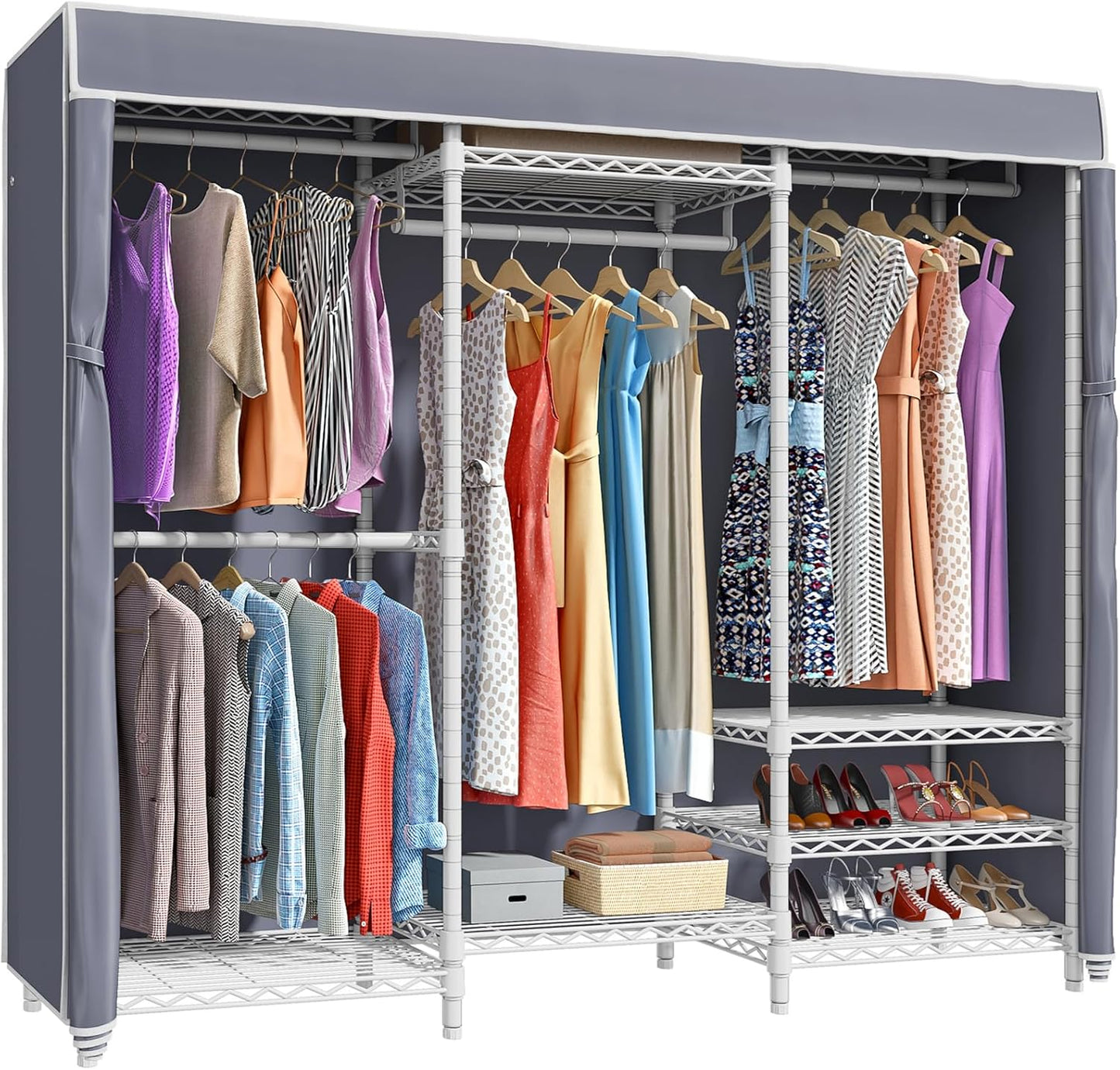 VIPEK V5C Portable Bedroom Armoires Wardrobe Closet with Cover, Heavy Duty Covered Clothes Rack Adjustable Closet Rack, White Metal Clothing Rack with Grey Oxford Fabric Cover, 70.1" Lx17.3 Wx76.4 H