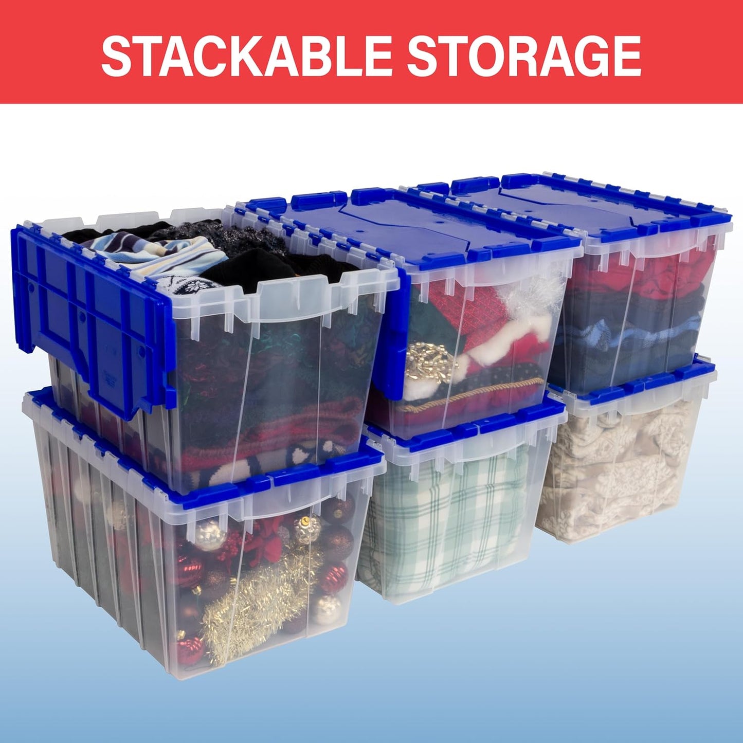 Akro-Mils KeepBox 12 Gallon Storage Container, Nesting and Stackable Plastic Storage Box with Lid Attached, Clear Tote for Garages, Closets, Moving, 21-1/2" x 15" x 12-1/2", Clear/Blue, Pallet of 48