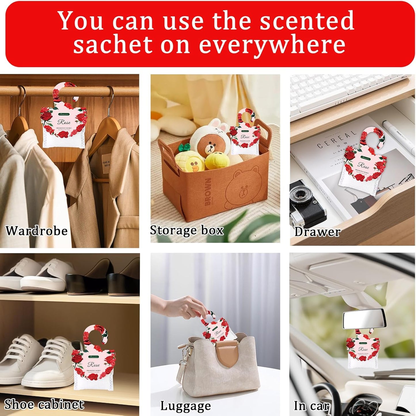 15 Packs Rose Scented Sachets Bag for Drawers and Closets, Air Freshener for Home Fragrance Sachet, Long-Lasting Hanging Closet Deodorizer Smell Goods for House