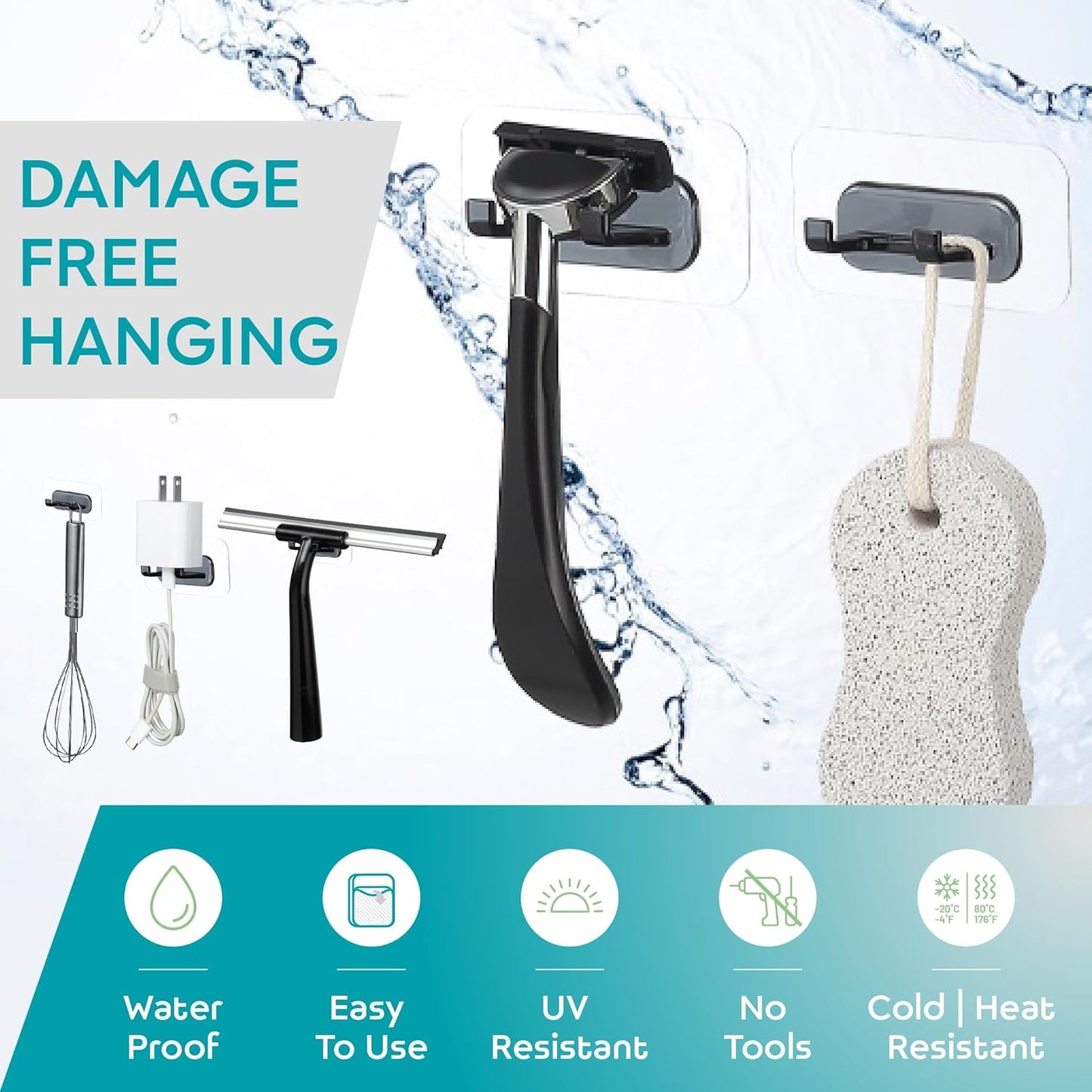 Hook LAB Self-Adhesive Shower Razor Holder, 2-Pack, Removable & Reusable Waterproof Hooks, for Towels, Bath Accessories, Kitchen & Bathroom Use - Black