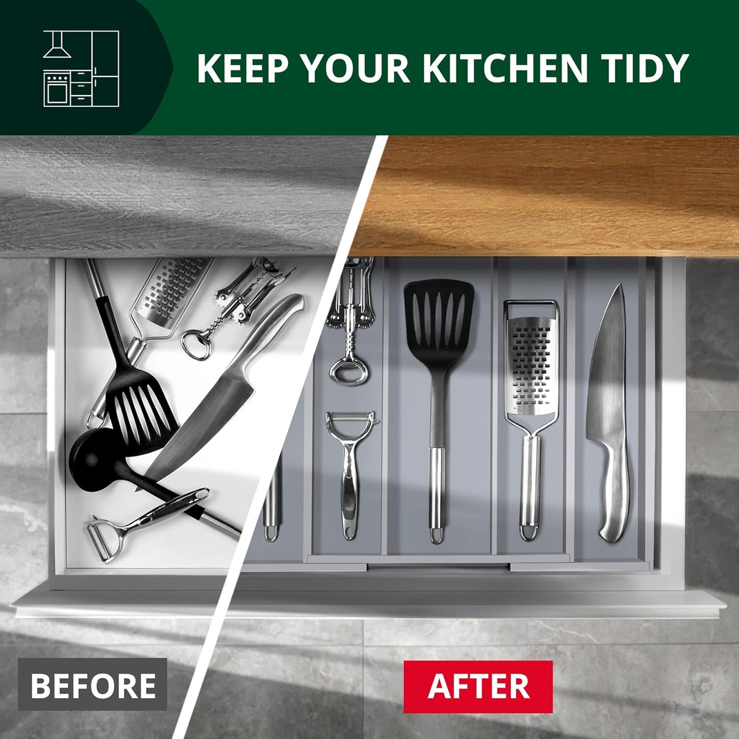 ROYAL CRAFT WOOD Luxury Bamboo Kitchen Drawer Organizer - Silverware Organizer - Utensil Holder and Cutlery Tray with Grooved Drawer Dividers for Flatware and Kitchen Utensils (5 Slot, Gray)