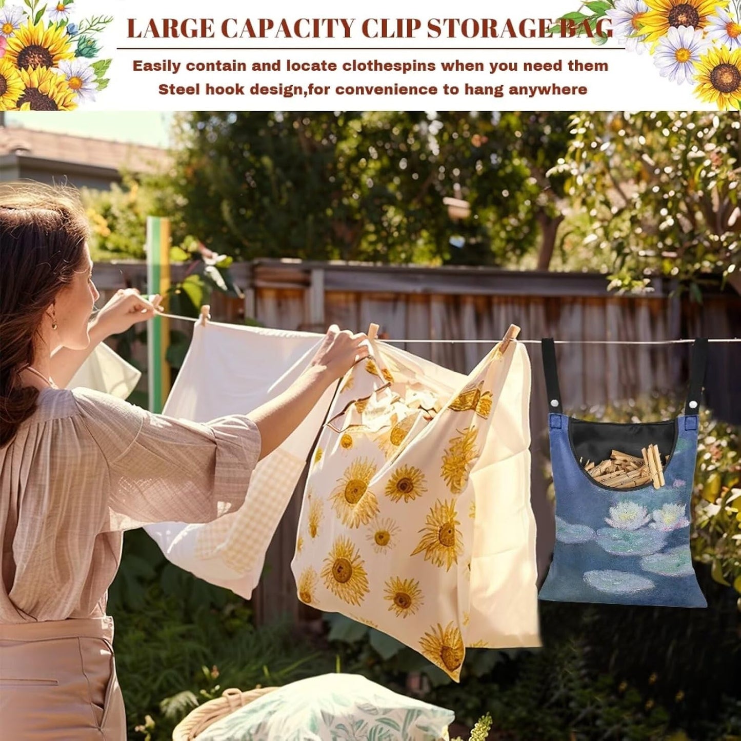 Outdoor Clothespin Storage Bag with Windproof Design - Monet Water Lilies Print Heavy Duty Polyester Hanging Organizer Pouch for Clothesline Pins - Large 14.5"x12" with Hanging Loop
