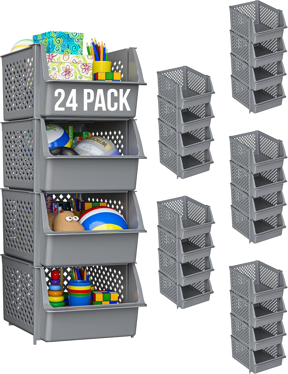 Skywin Plastic Stackable Storage Bins for Pantry - Stackable Bins for Organizing Food, Kitchen, and Bathroom Essentials (Grey - 24 Pack)
