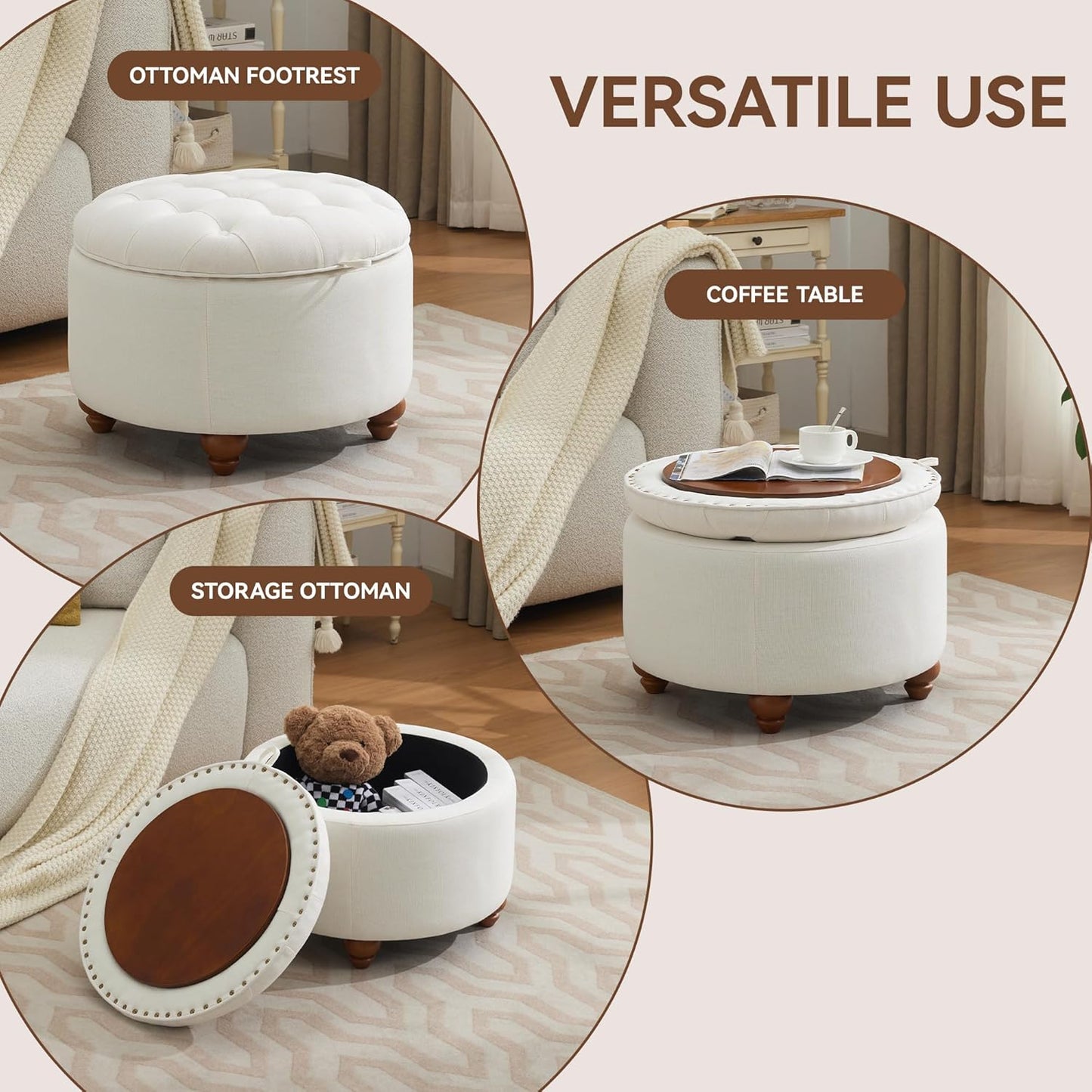 24Inch Round Storage Ottoman with Tray, Modern Tufted Fabric Circle Coffee Table with Storage, Upholstered Ottoman with Removable Top for Living Room, Bedroom, Beige