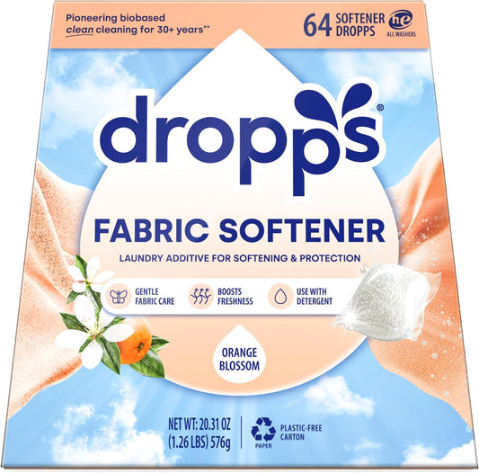 Dropps Laundry Fabric Softener Pods, Orange Blossom (64 Count) - Fabric Softener Liquid Pods for Fluffy, Soft Fabrics - HE Compatible Mineral Based Ingredients Laundry Supplies