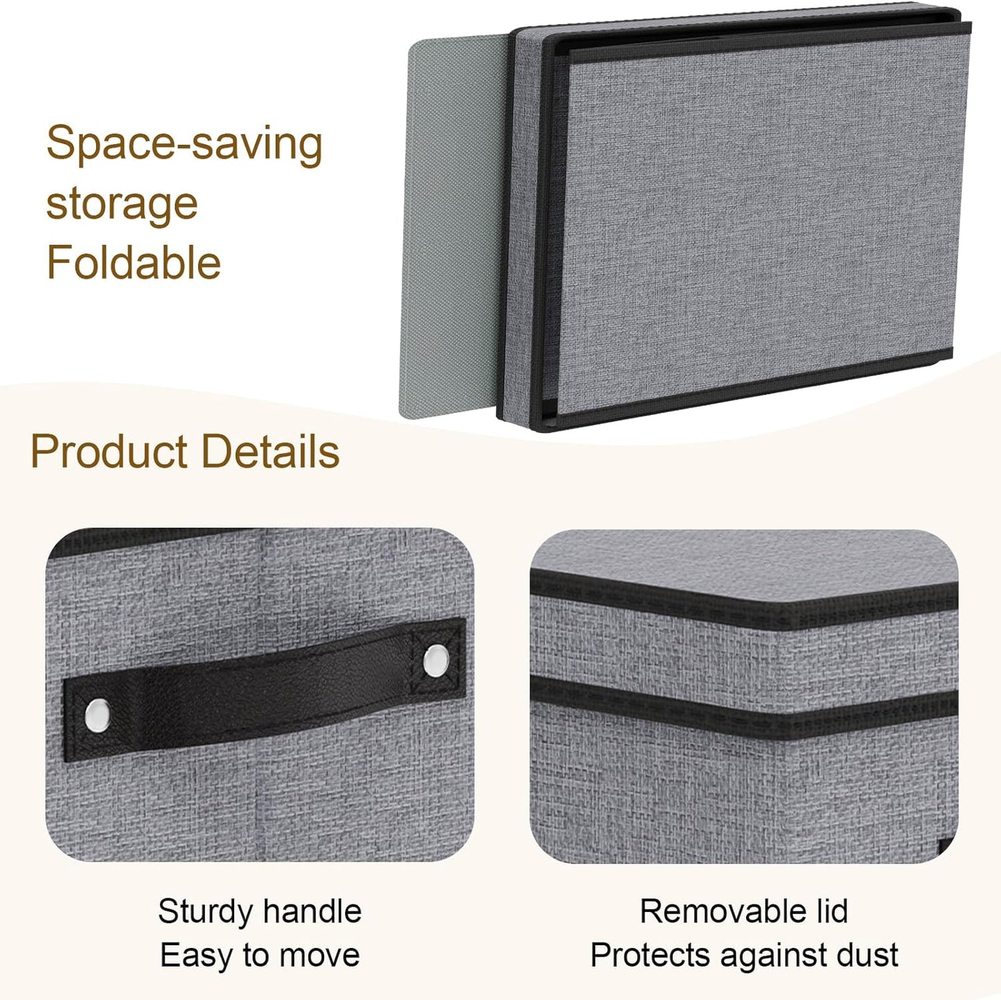 Clothing Storage Bins, Blanket Baskets for Shelves, Fabric Cubes with Handles and Lids, Decorative Linen Closet Organizers Boxes, Gray, 1 Pack, 16.5 x 11.8 x 10.2 Inch
