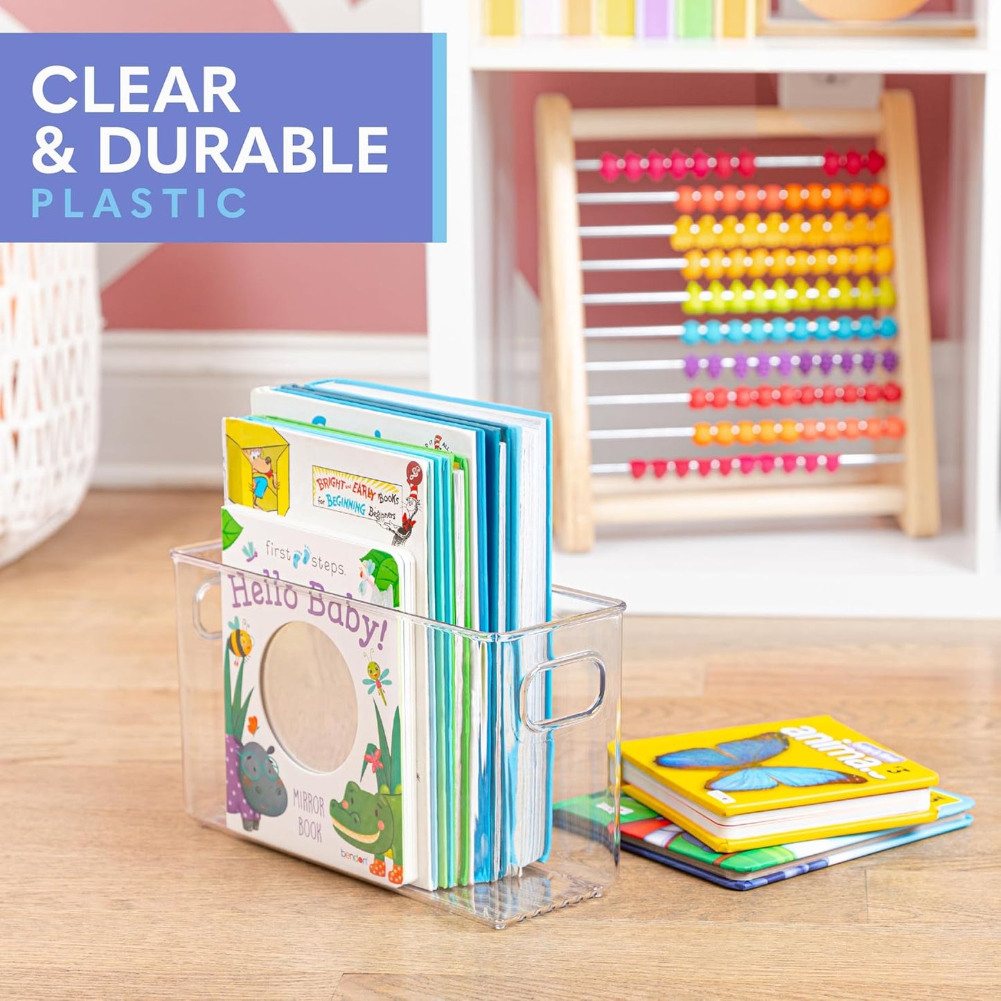 Plastic Food Storage 6 Pack Clear Container Bin with Handles for Organizing Kitchen, Pantry, Refrigerator, Freezer, Pantry, Cabinet, Closet, Bathroom. 10”x4”x6”