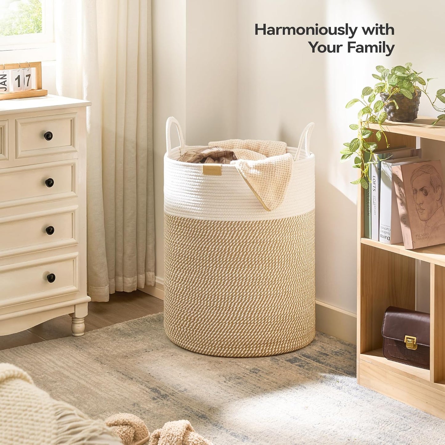 Laundry Hamper 95L,Large Laundry Basket for Clothes,Decorative Storage Basket for Blankets,Cotton Rope Woven basket for bedroom,Brown White