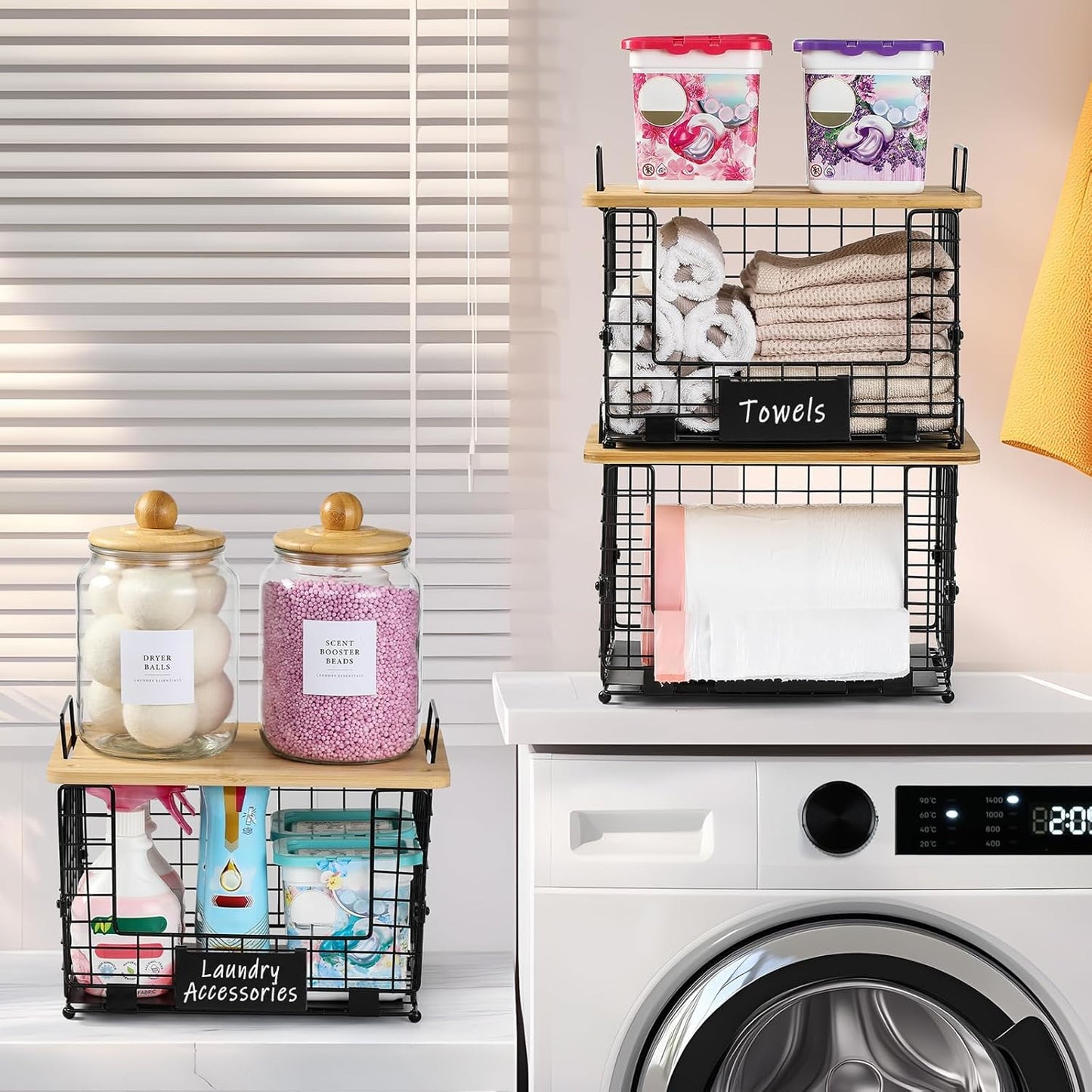 Upgrade Larger, Fit 13/30/33+ Gallon Trashbag Perfectly - 1 SET Stackable Trash Bag Holder with Tags & Bamboo Top, Garbage Bag Dispenser Stand, Kitchen Pantry Under Sink Laundry Room Organizer Basket