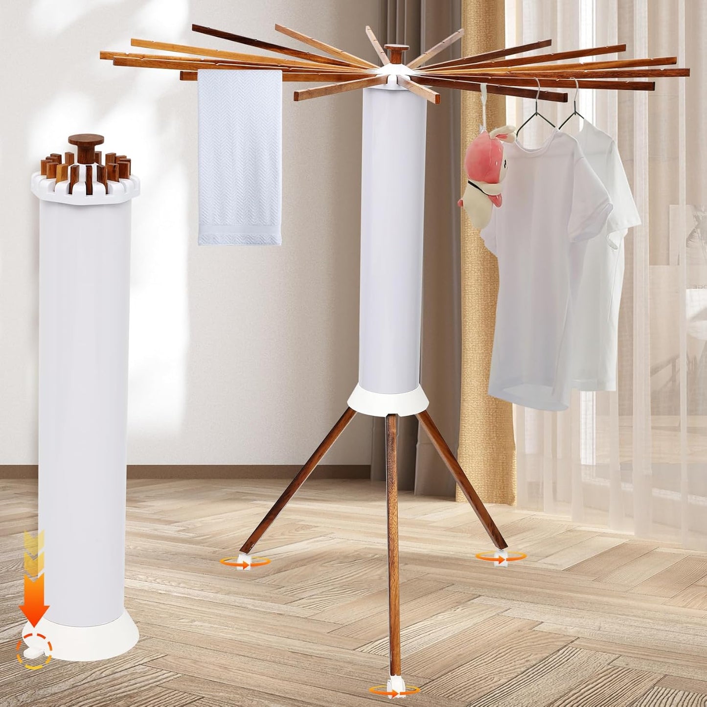 Portable Teak Tripod Clothes Drying Rack, Foldable Space-Saving Design, 16 Waterproof Teak Wood Drying Rods