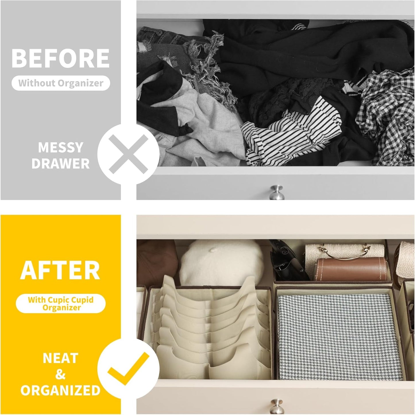 Cupic Cupid Drawer Organizer, Dresser Organizers, Foldabe Drawer Organizer Clothes, Closet Organization and Storage Dividers for Socks, Underwear and Diaper, Set of 6, Beige