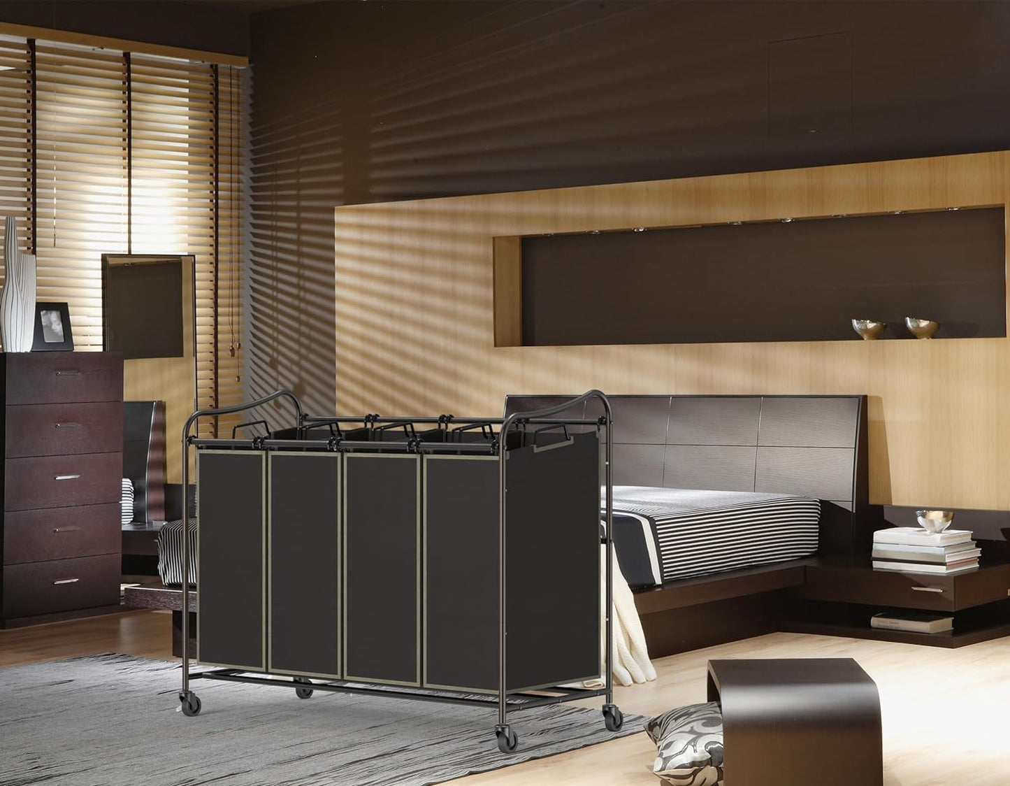 Simple Houseware 4-Bag Heavy Duty Laundry Sorter Rolling Cart, Brown