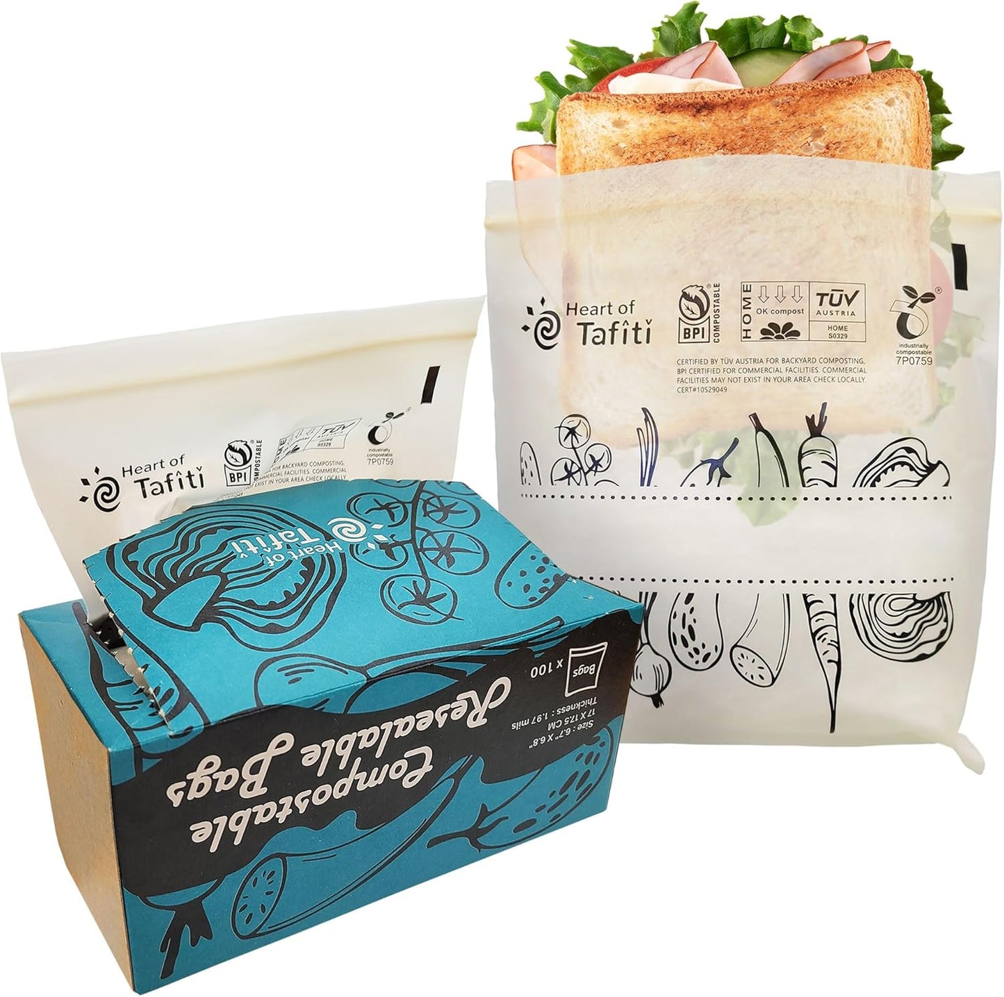 Compostable Food Storage Bags, Resealable Sandwich Bags, 50 Count, 6.7 x 6.8 inches, Extra Thick and Reusable, Eco-Friendly, Certified US BPI ASTM D6400 Europe OK Compost