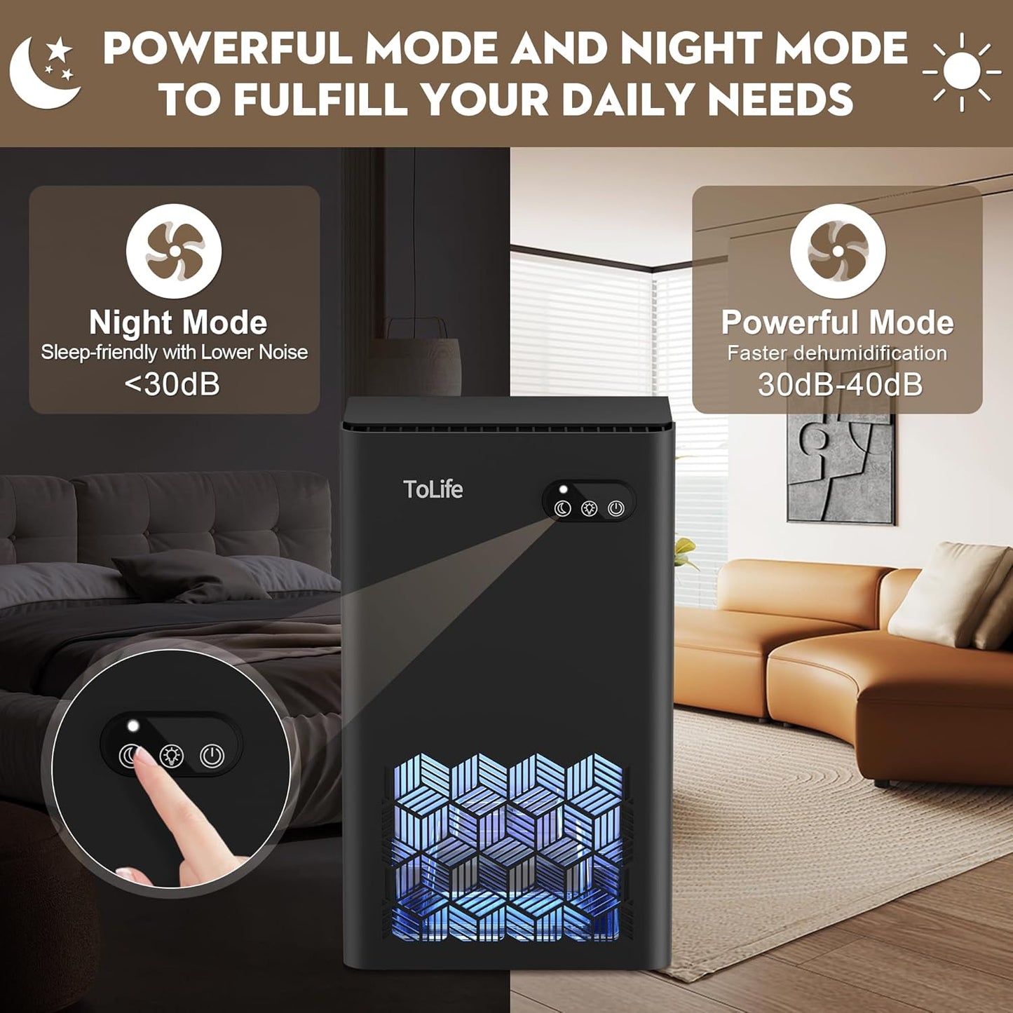 ToLife Dehumidifier for Home, 1000 sq.ft Dehumidifiers for Basement Bedroom Bathroom with 95 OZ Water Tank, Auto Shut Off 7 Colors LED Light, Black