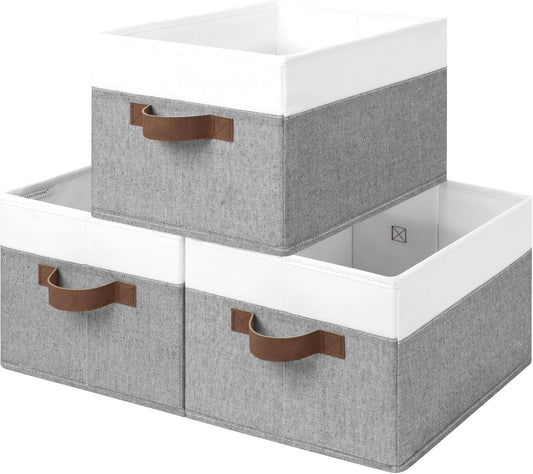 StorageWorks Storage Baskets for Shelves, Foldable Fabric Closet Storage Bins with Handles, Fabric Storage Bins Clothes Organizer, Gray and White, 3-Pack, Large