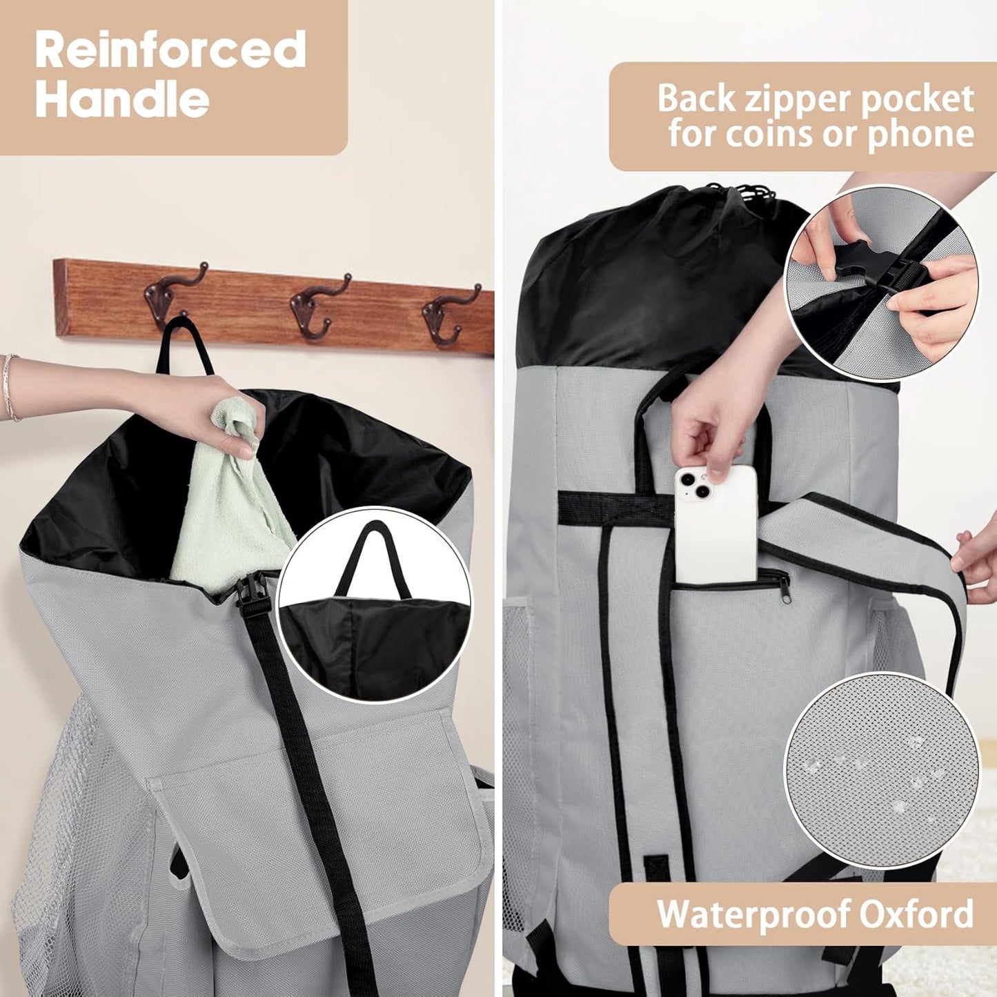 Laundry Backpack Bag, 132L Extra Large Heavy Duty Laundry Backpack for College Dorm Essentials, Laundry Hamper Travel Bag with Shoulder Straps and Mesh Wash Bags for Laundromat, Apartment Grey