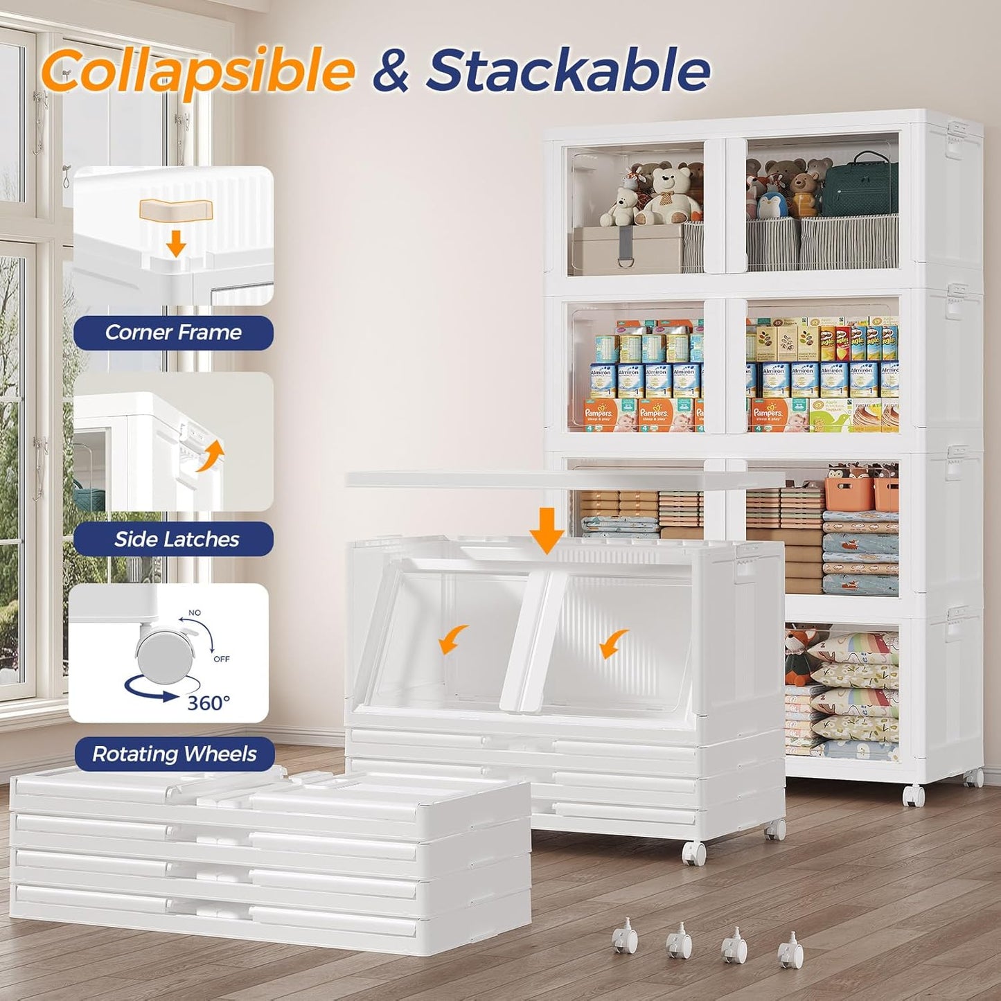 150GAL Large Stackable Storage Bins with Lid and Wheels, 600Qt Collapsible Organizer Cabinet with Clear Door, for Closet, Bedroom, Kitchen, Garage, 3-Pack White