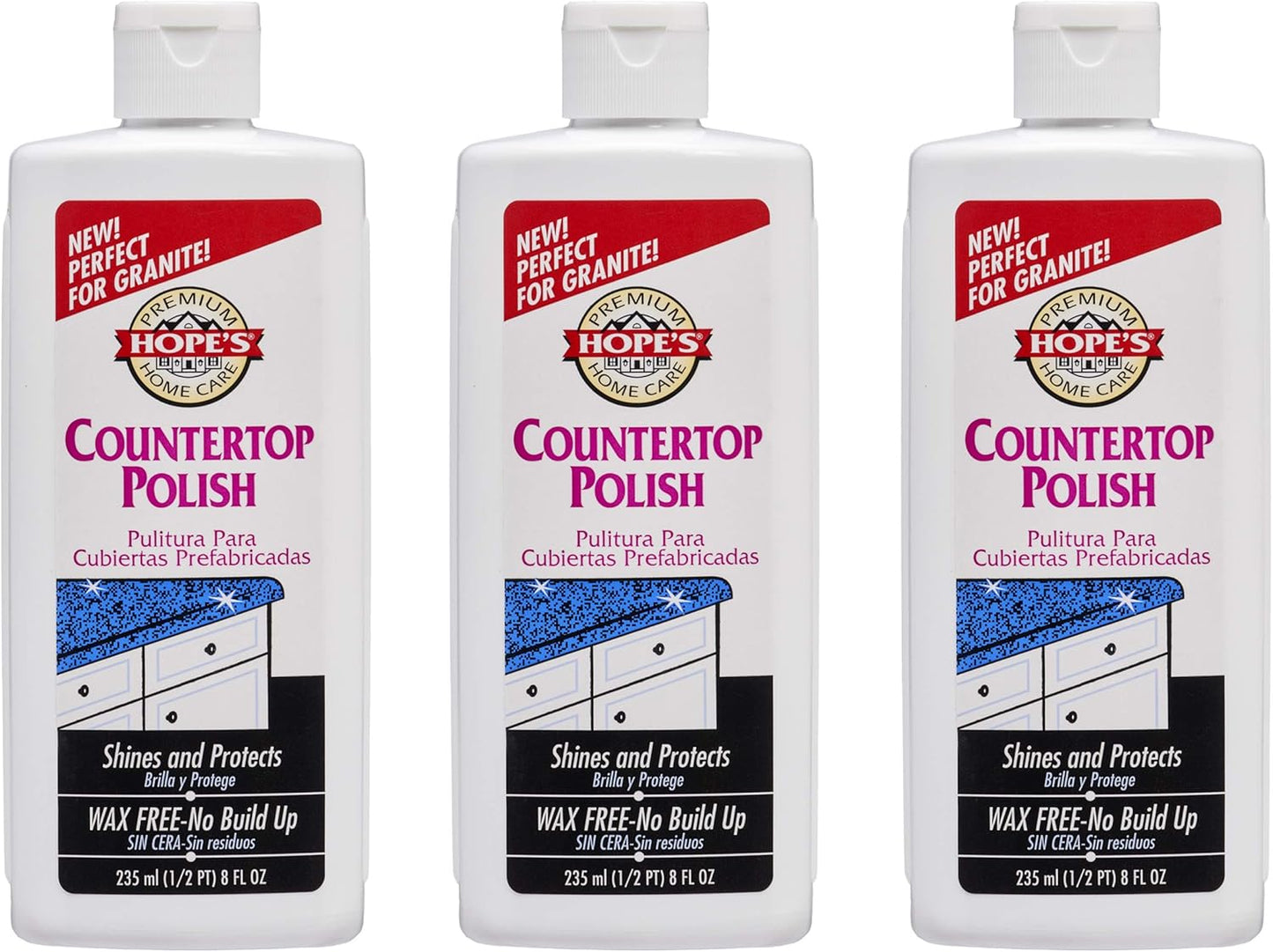 HOPE'S Countertop Restoration Polish, Streak-Free Kitchen Counter Cleaner, No Buildup on Countertops, Quartz, Marble, Corian, Composite, and Granite Polish, 8 Fl Oz, Pack of 3