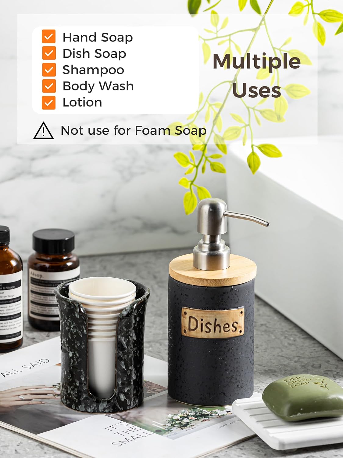 Kitchen Soap Dispenser Set, Ceramic Hand and Dish Soap Dispenser for Bathroom, Includes Instant Dry Tray, Collapsible Funnel, 15 Oz, Black