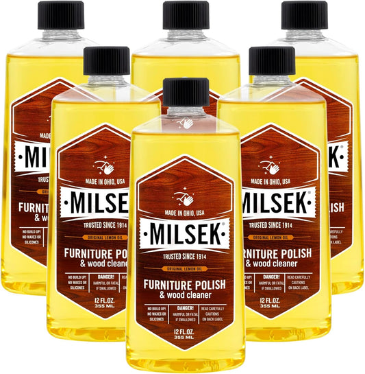 Milsek Furniture Polish and Wood Cleaner with Lemon Oil - Multipurpose Solution for Home Improvement from Hardwood Floors to Kitchen Cabinets - 12 Fl Oz (Pack of 6)