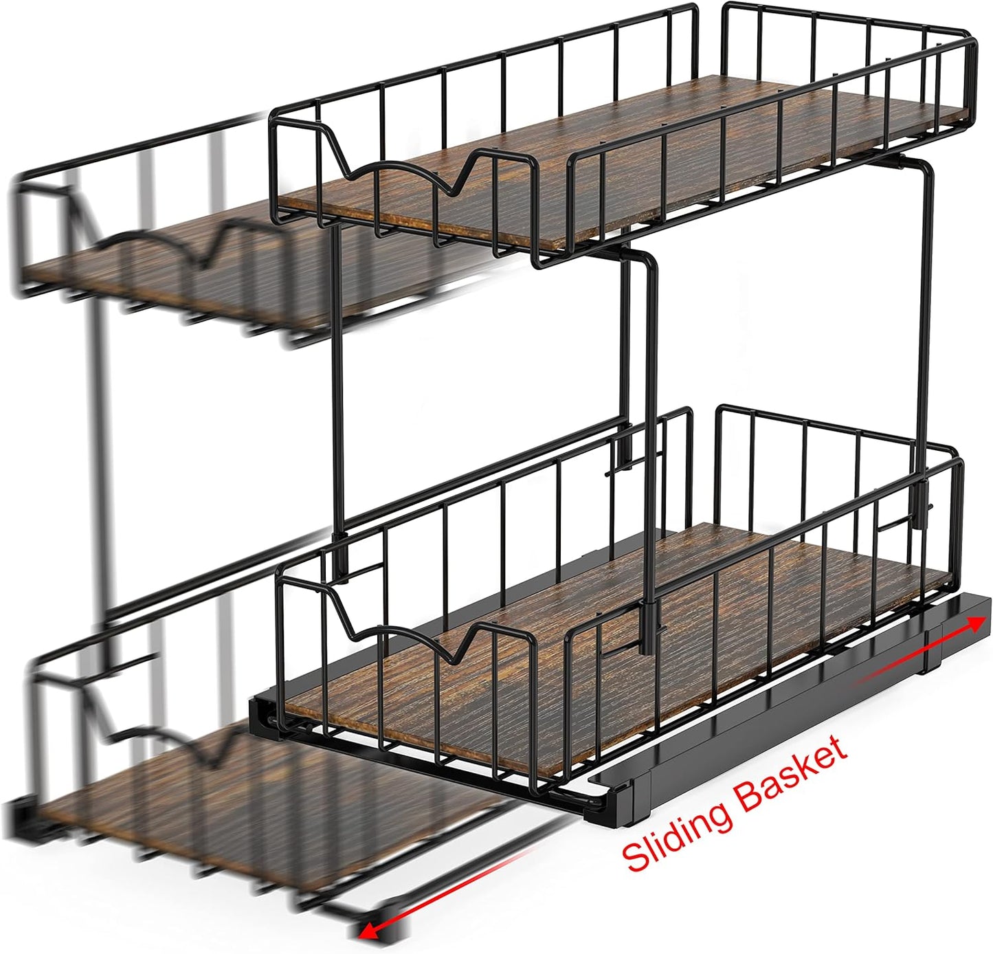 Simple Houseware 2-Tier Spice Rack Slide Out Wire Basket Drawer Organizer, Black