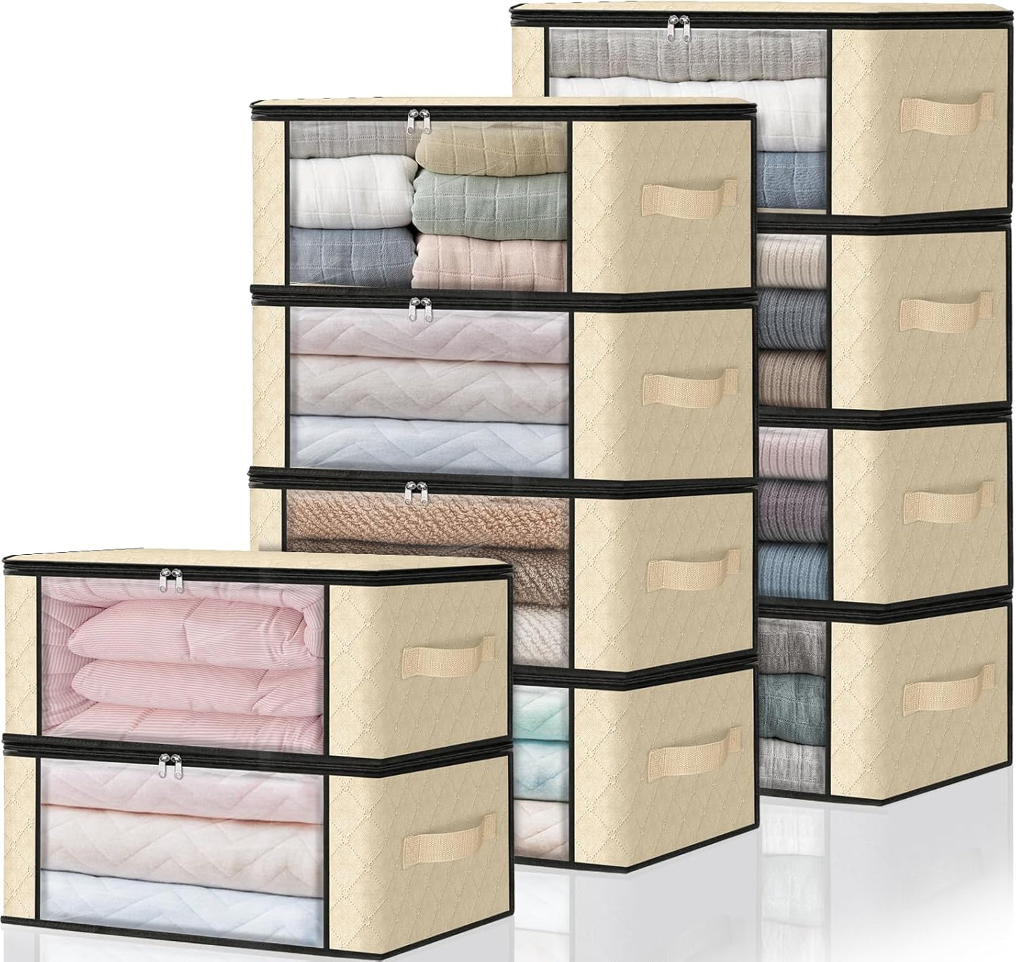 HomeHacks Storage 10-Pack Clothes Organizer Storage Bags Foldable Storage Box with Large Clear Window Sturdy Handles for Closet, Dorm, Pillows, Bedding, Clothes, Blankets, 35L, Beige