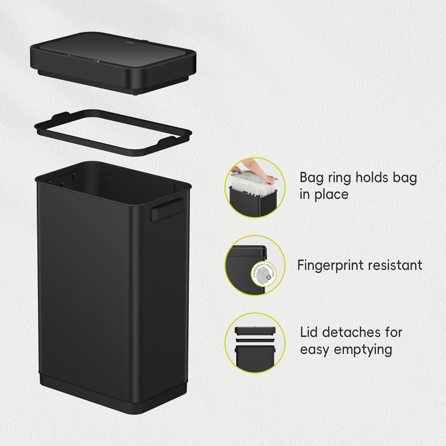 EKO Deluxe Mirage-T 50 Liter / 13.2 Gallon Touchless Rectangular Motion Sensor Trash Can, Matte Black Stainless Steel Finish