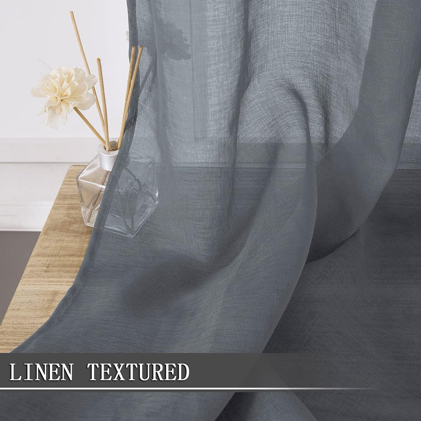 Tollpiz Sheer Curtain Linen Textured Living Room Curtains Sheer Light Filtering Rod Pocket Voile Curtain for Bedroom, 54 x 72 inches Long, Dark Grey, Set of 2 Panels