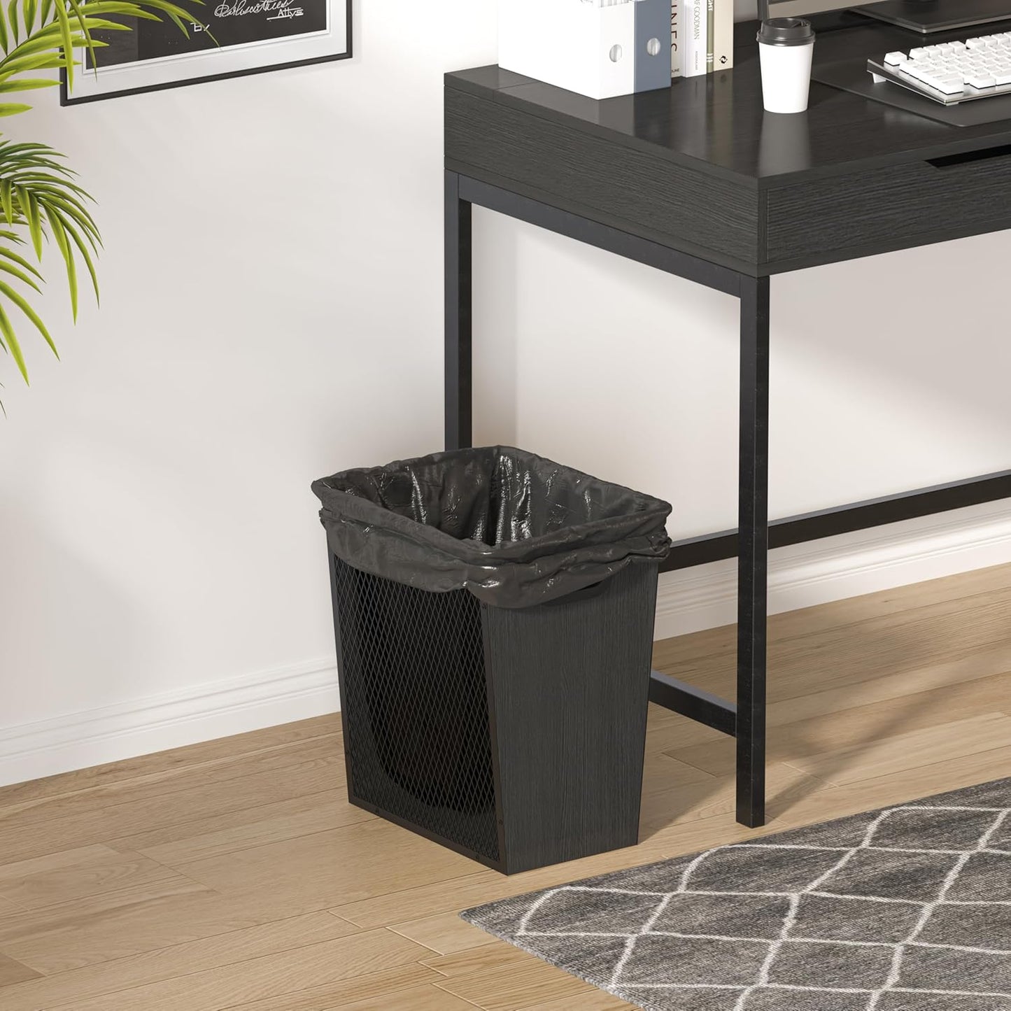 Piskyet Black Office Trash Can for Near Desk,7 Gallon Unique Wood Bedroom Garbage Can,Vintage Wastebasket with Handle, Decorative Trash Can for Home Office,2pack 12.2" L x 9.6" W x 14.9" H