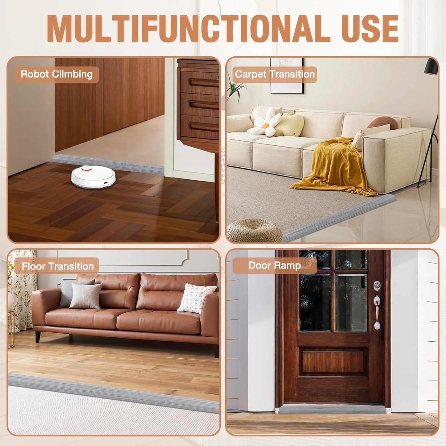 Floor Transition Strip Self Adhesive Vinyl Door Threshold for Doorways Carpet Edging Trim Overlap Edge Reducer for Laminate Floor, Carpet, Tile (Light Gray Wood Grain, 1/5" to 2/5", 6.6Ft)